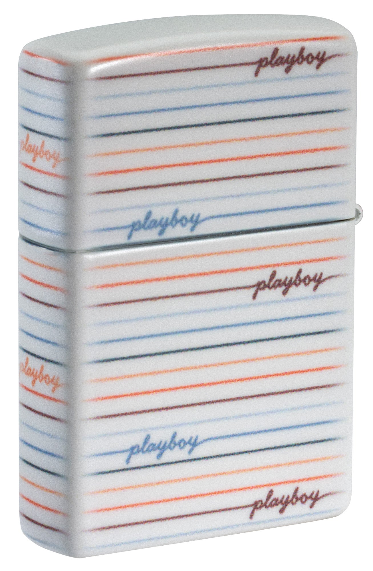Back view of Zippo Playboy Rabbit Silhouette Line Design White 540 Matte Windproof Lighter standing at a 3/4 angle.
