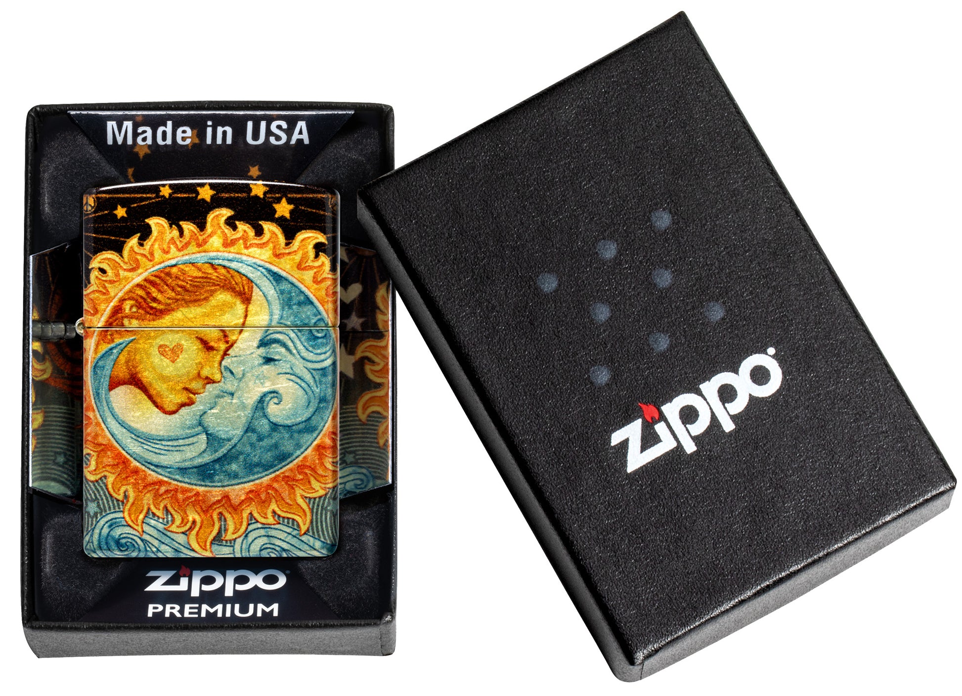 Zippo Star-Crossed Lovers Design 540 Tumbled Brass Windproof Lighter in its packaging.