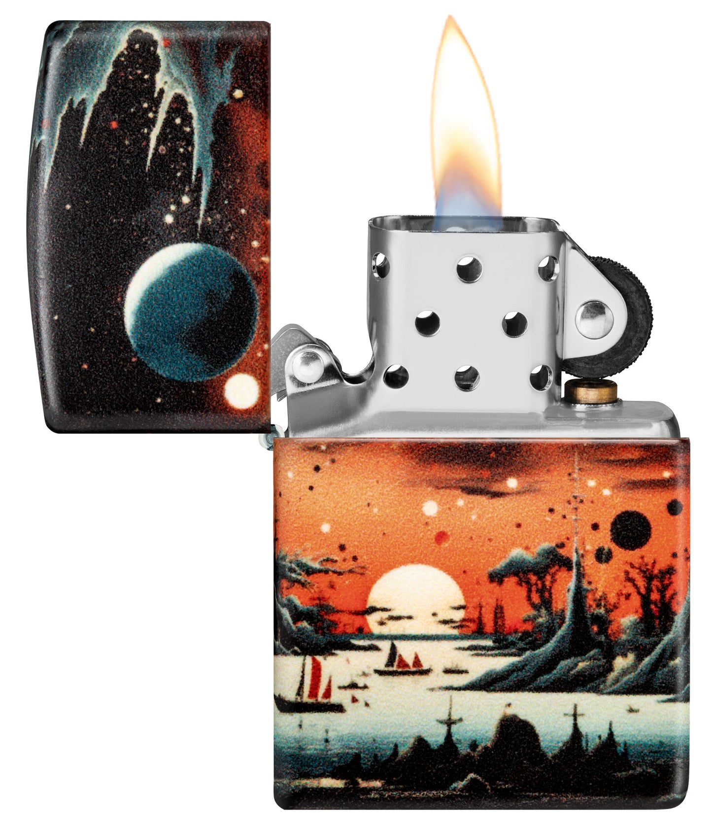 Zippo Galactic Landscape Design 540 Matte Windproof Lighter with its lid open and lit.
