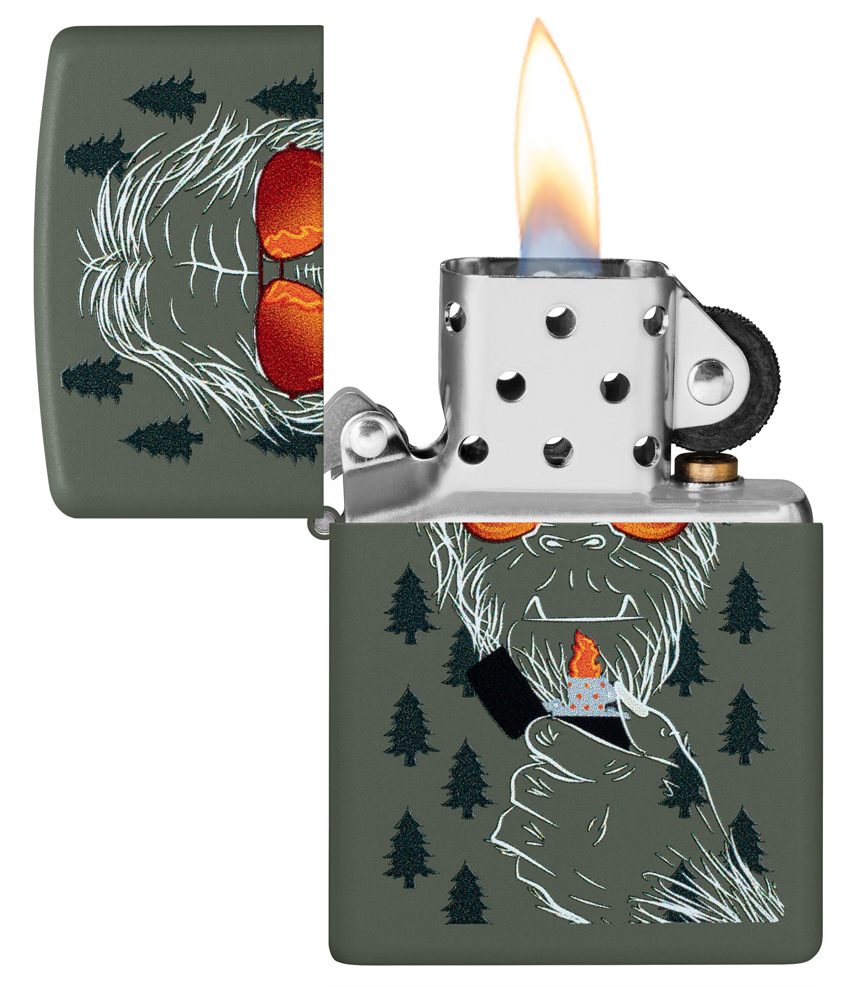 Zippo Zipsquatch Design Green Matte Windproof Lighter with its lid open and lit.