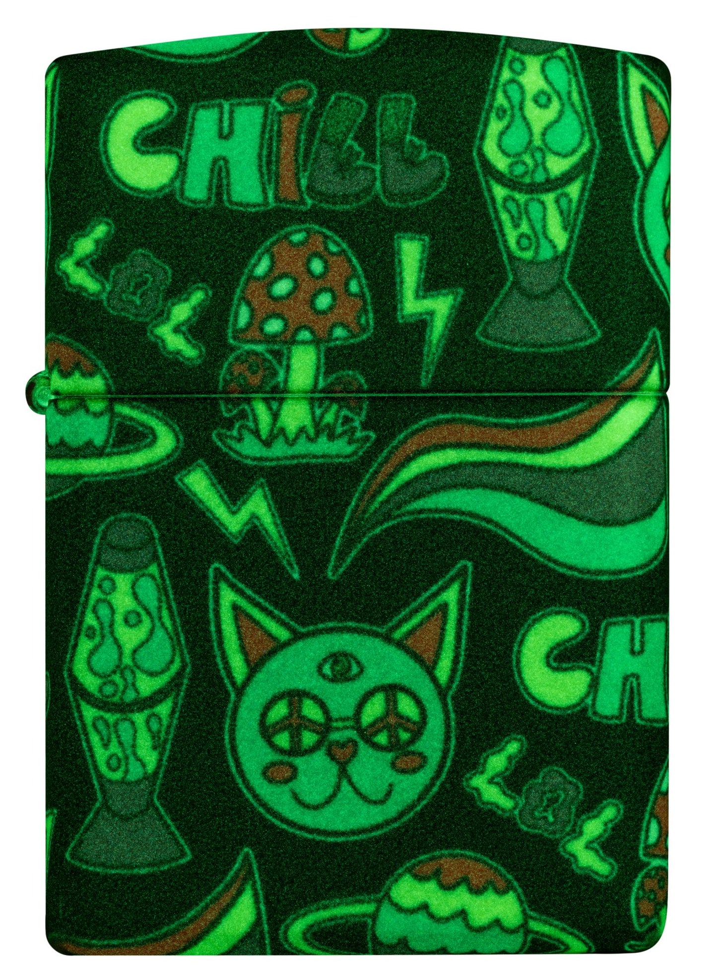 Front view of Zippo Glowing Chill Design Glow-in-the-Dark Green Windproof Lighter glowing in the dark.
