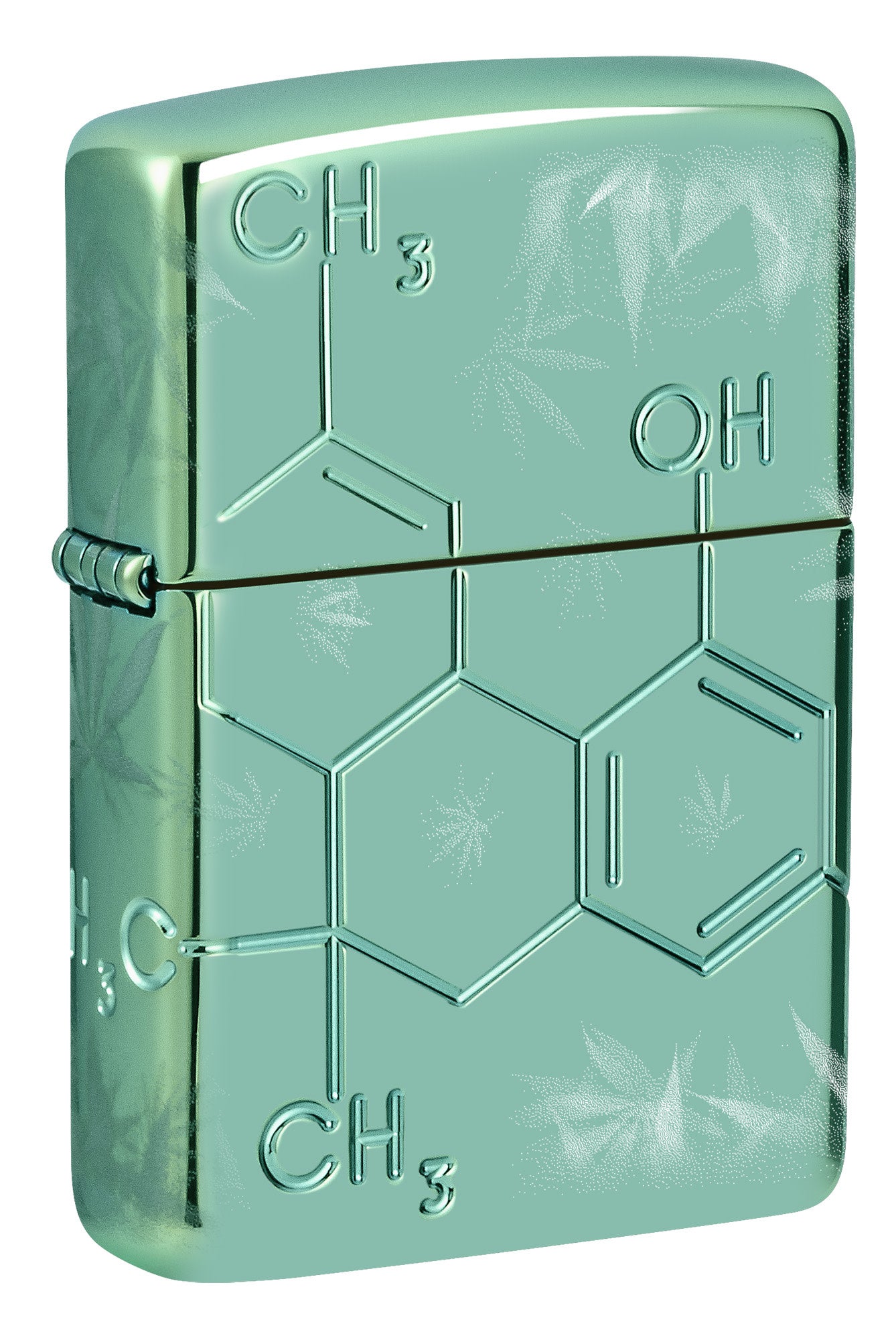 Front shot of Zippo Cannabis Compound Design Armor® High Polish Green Windproof Lighter standing at a 3/4 angle.