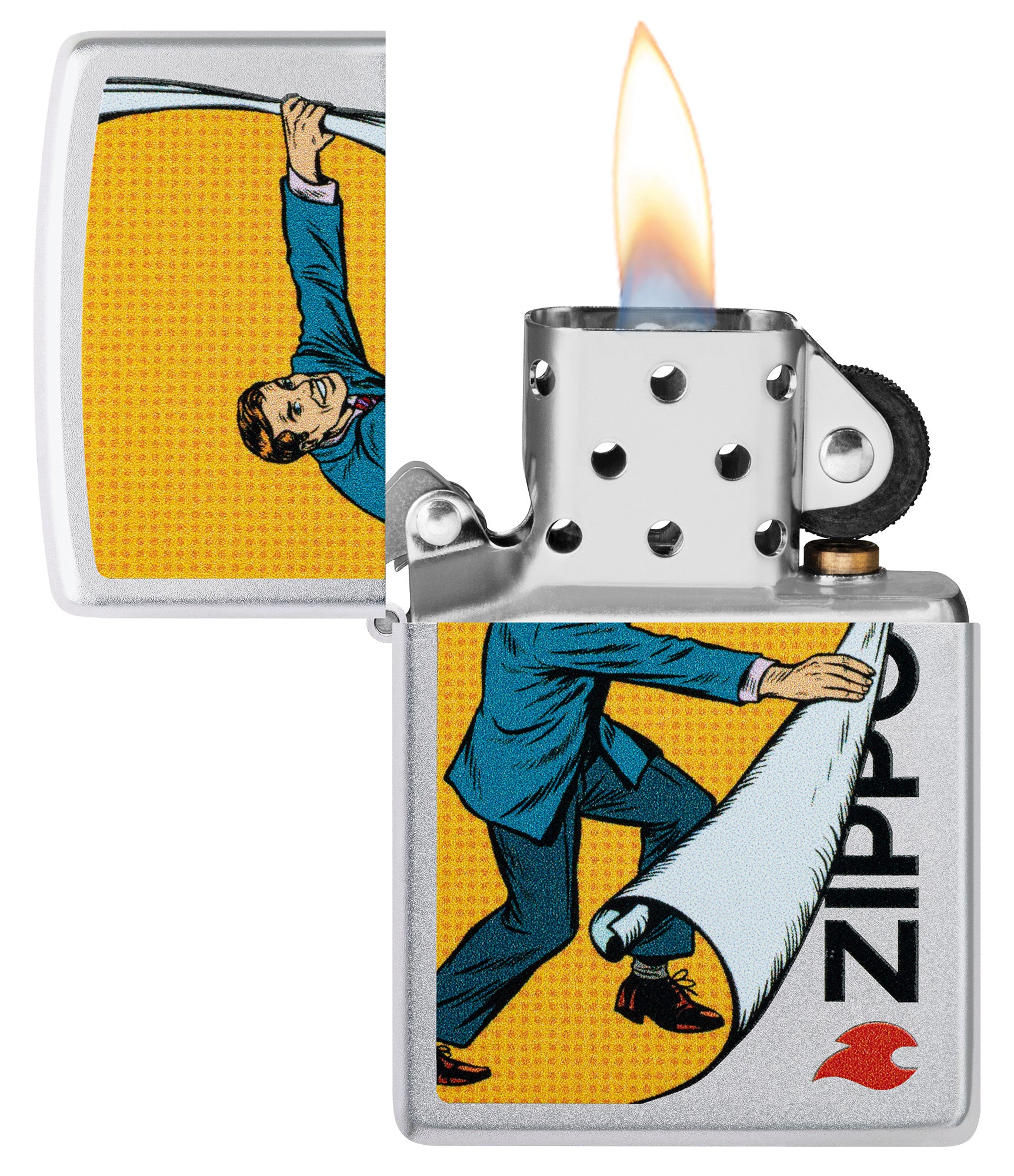 Zippo Reveal Design Satin Chrome Windproof Lighter with its lid open and lit.