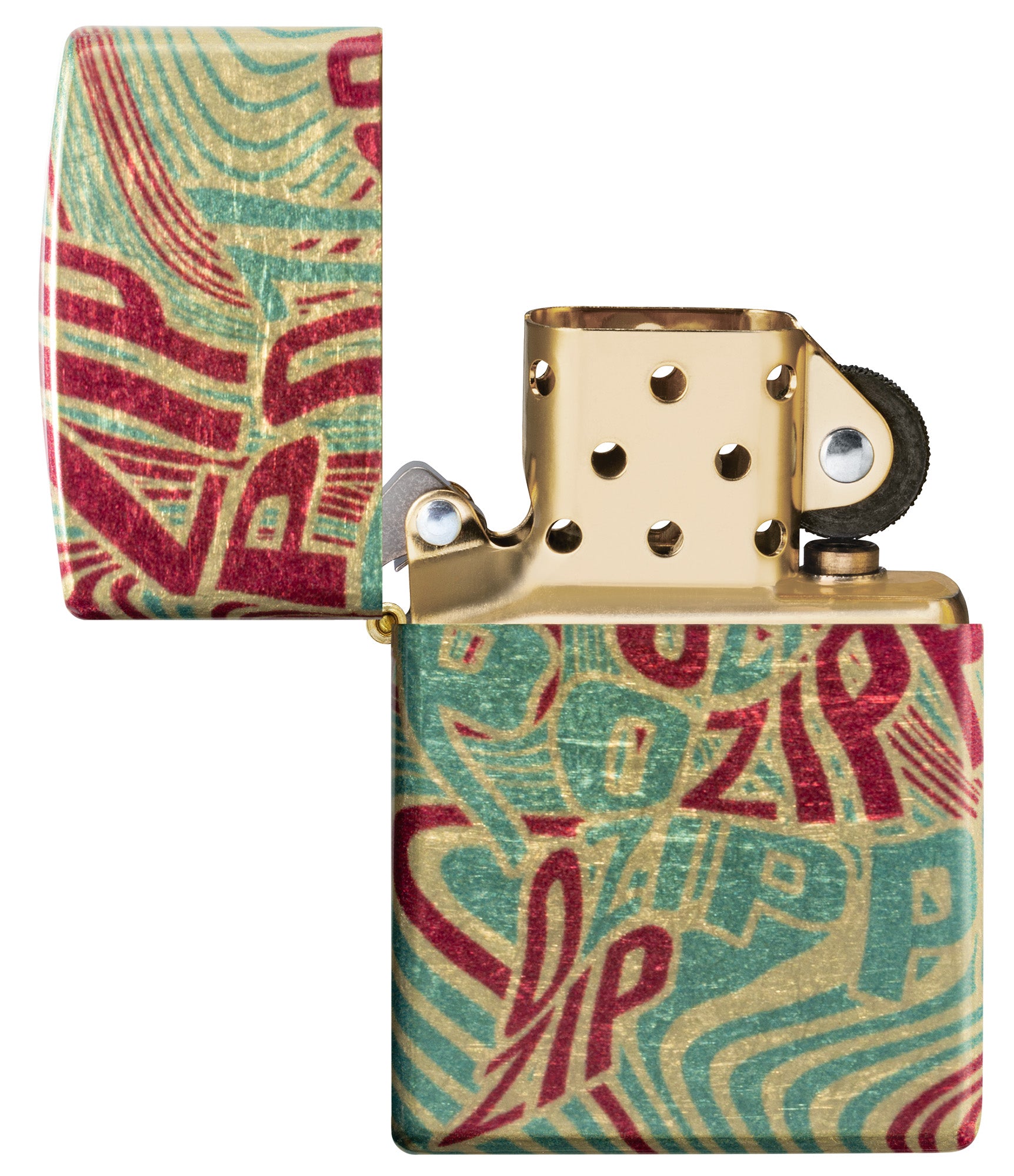 Zippo Zag Design 540 Tumbled Brass Windproof Lighter with its lid open and unlit.