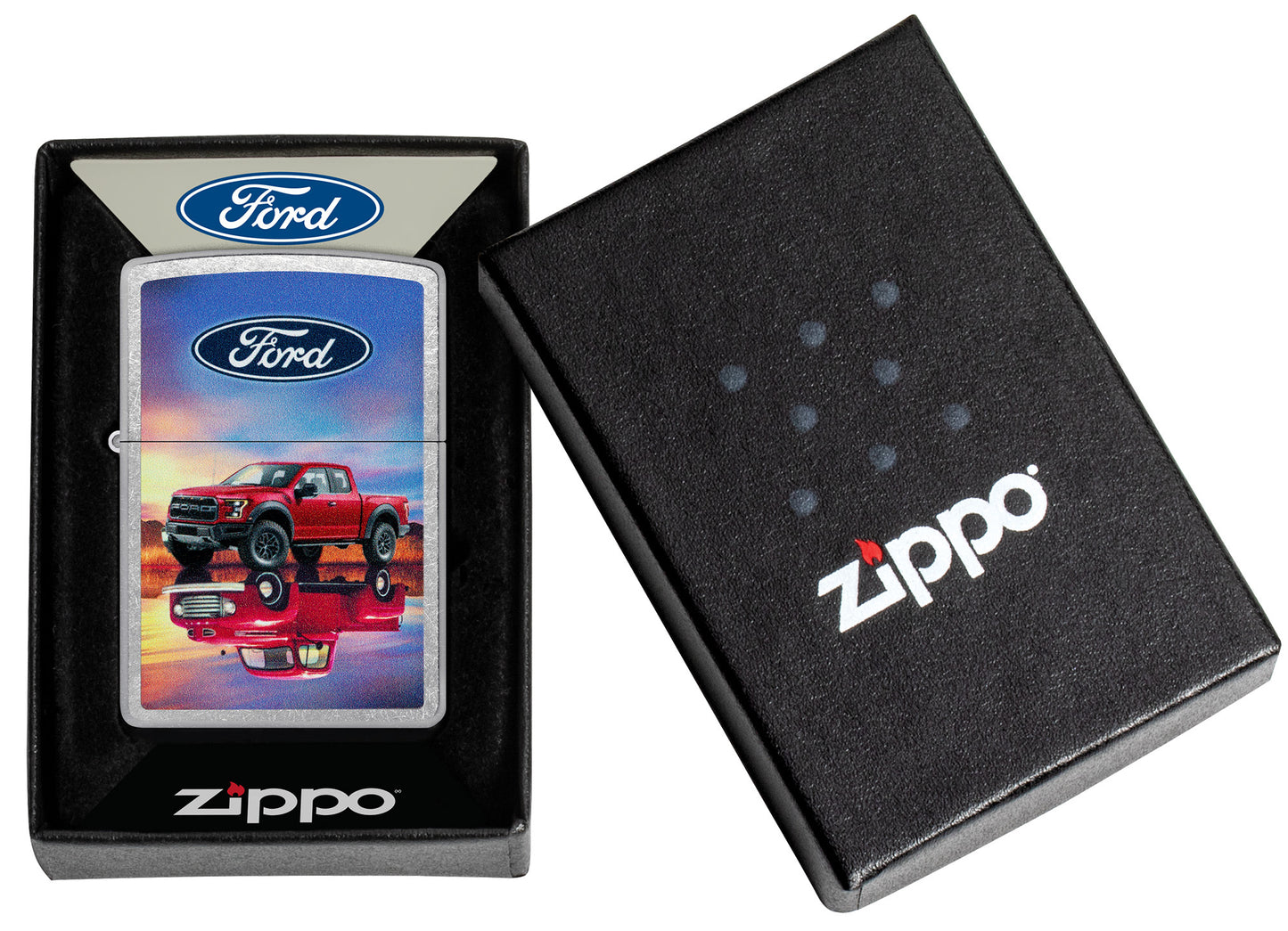 Zippo Ford F-Series Design Street Chrome Windproof Lighter in its packaging.