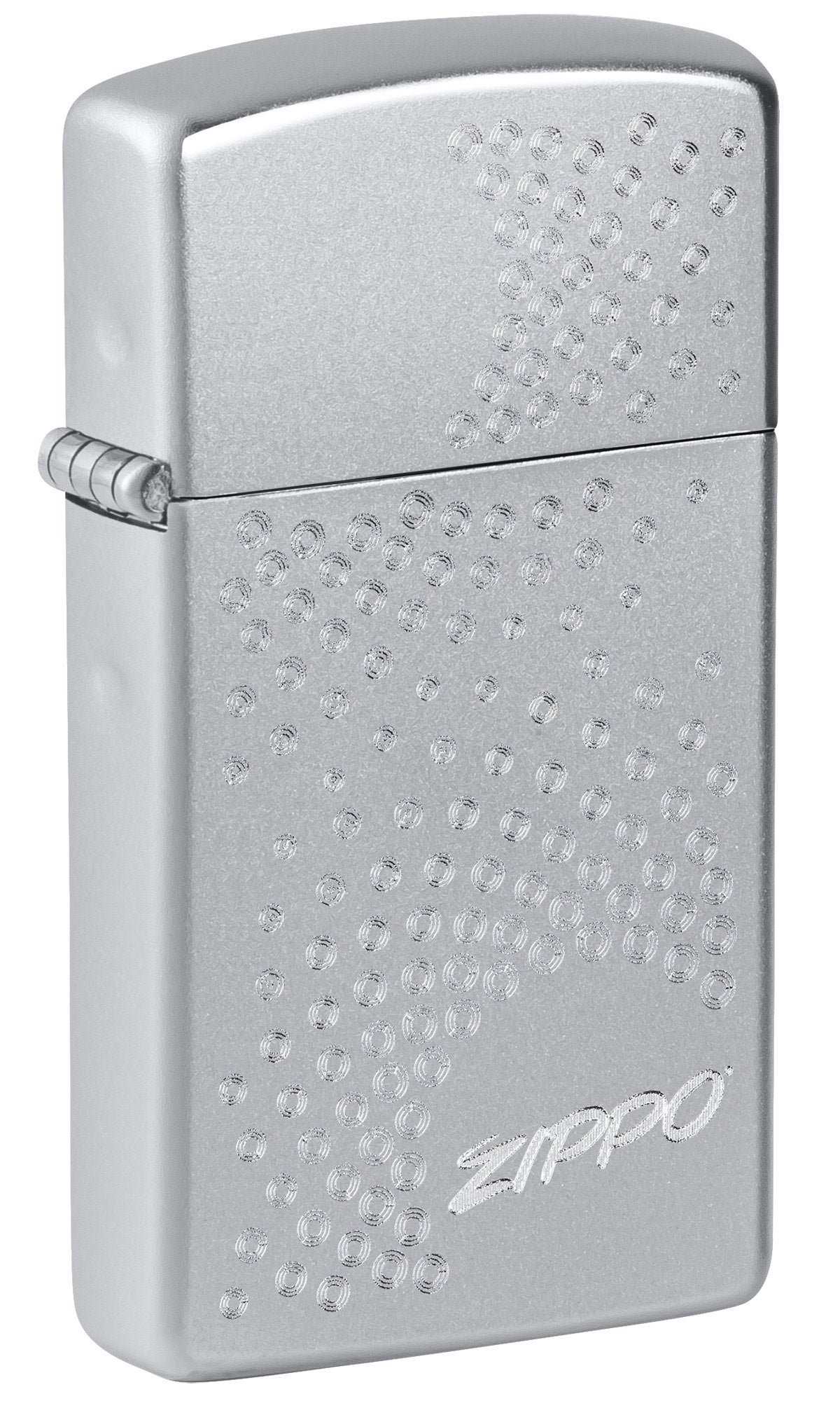 Front shot of Slim® Zippo Dot Design Satin Chrome Windproof Lighter standing at a 3/4 angle.