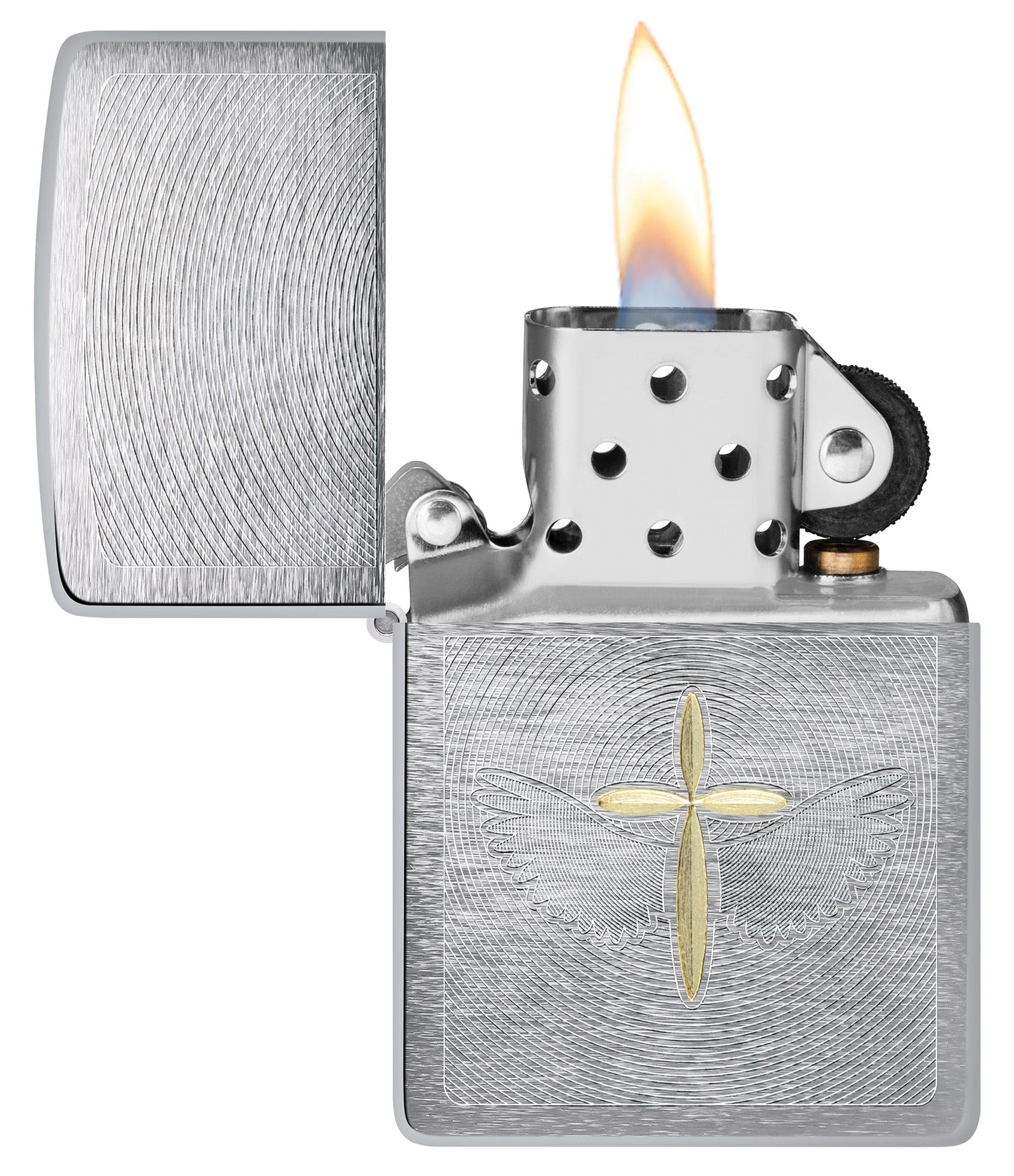Zippo Angel Aura Design Brushed Chrome Windproof Lighter with its lid open and lit.