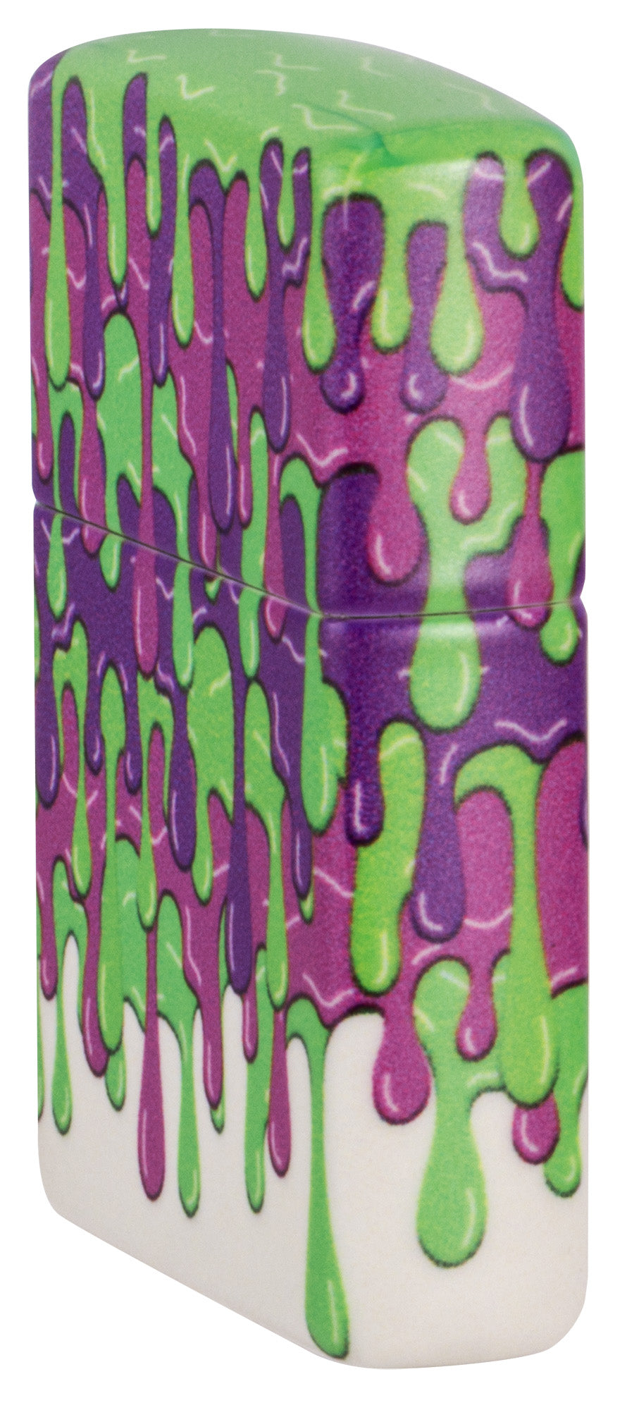 Angled shot of Zippo Glowing Slime Design Glow in the Dark Windproof Lighter showing the front and non-hinge side of the lighter.