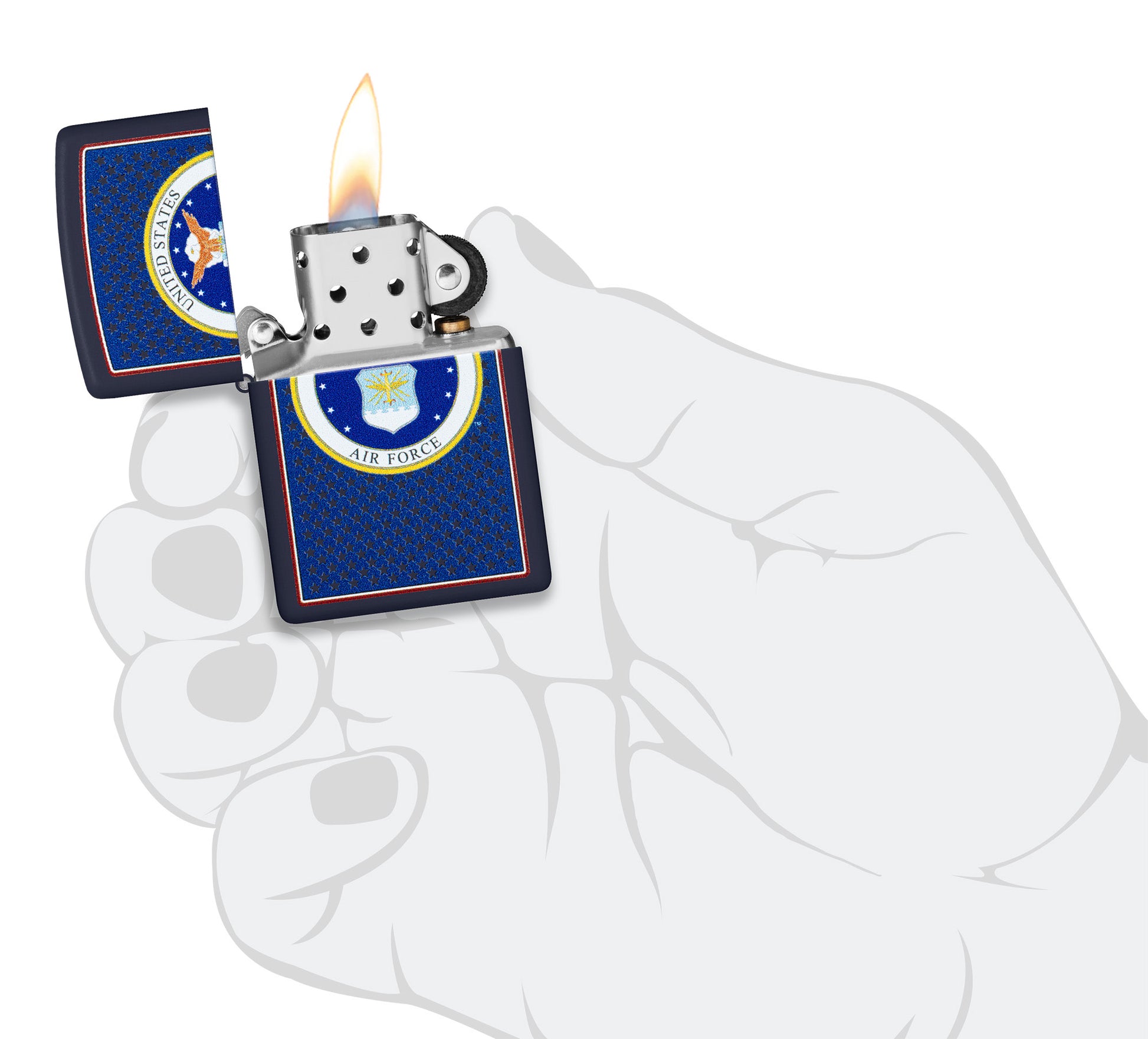 Zippo U.S. Air Forceâ„¢ Navy Matte Windproof Lighter lit in hand.