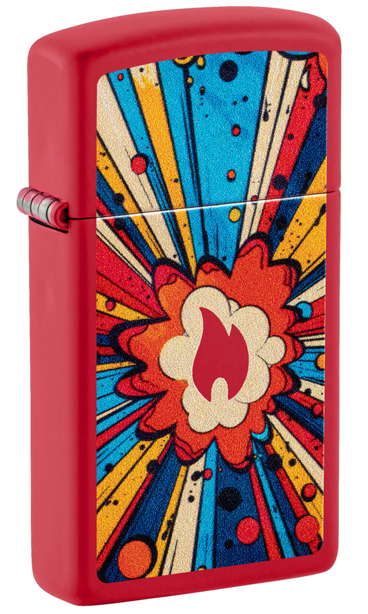 Front shot of Zippo Comic Blast Design Slim Red Matte Windproof Lighter standing at a 3/4 angle.