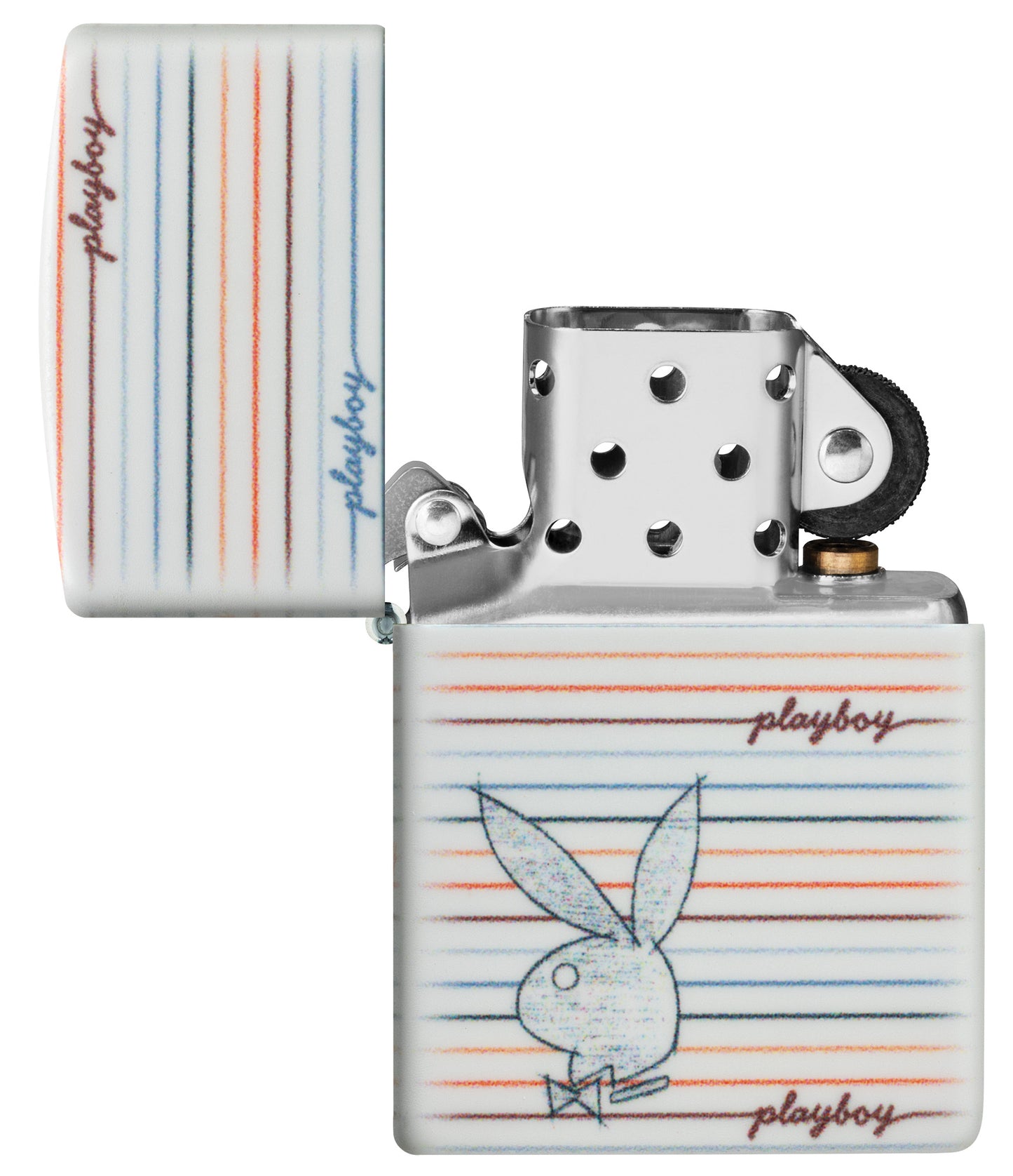 Zippo Playboy Rabbit Silhouette Line Design White 540 Matte Windproof Lighter with its lid open and unlit.