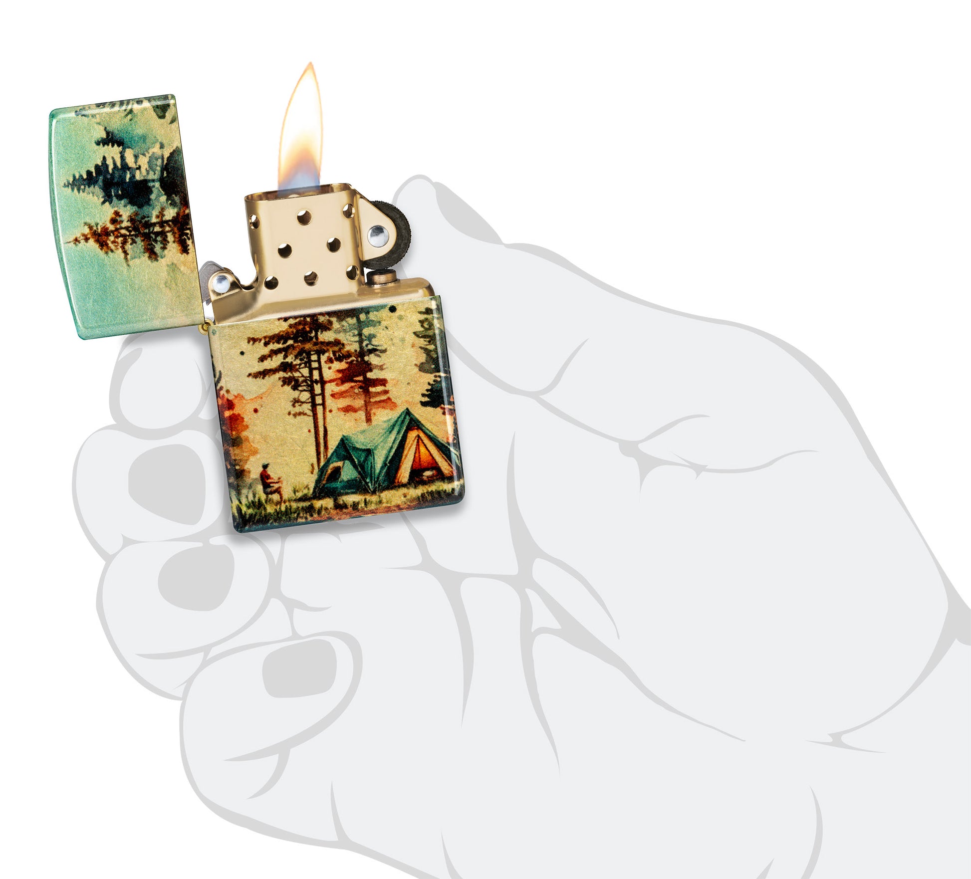 Zippo Off the Grid Design 540 Tumbled Brass Windproof Lighter lit in hand.