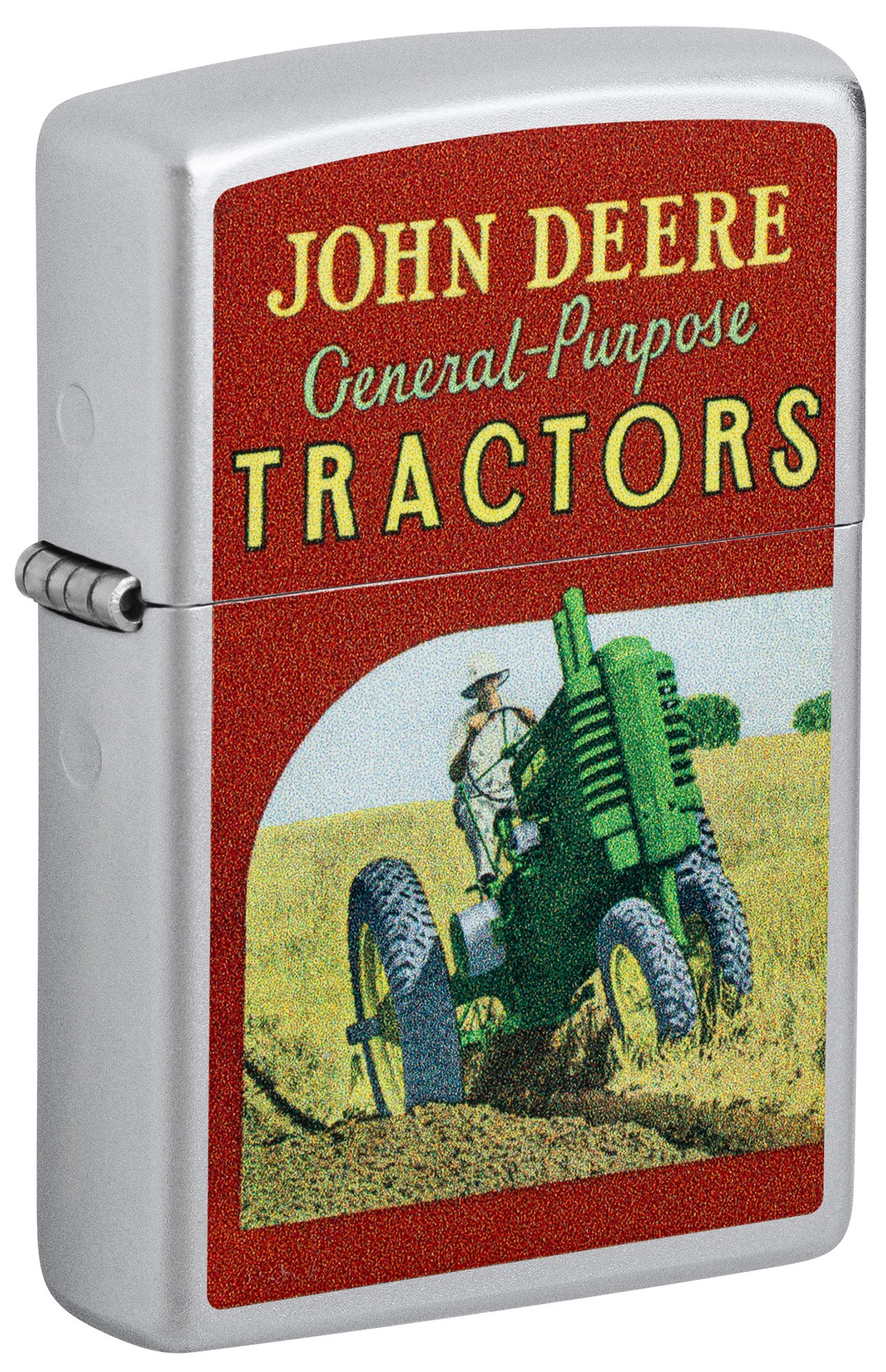 Front shot of Zippo John Deere Vintage Ad Design Satin Chrome Windproof Lighter standing at a 3/4 angle.
