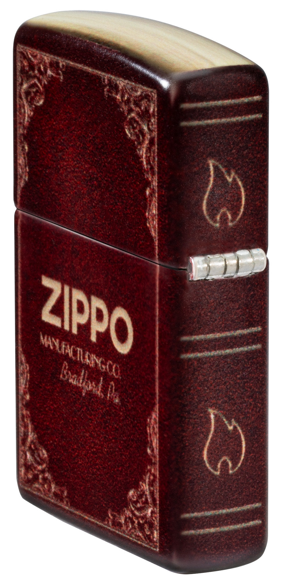 Angled shot of Zippo Storybook 540 Matte Windproof Lighter showing the back and hinge side of the lighter.
