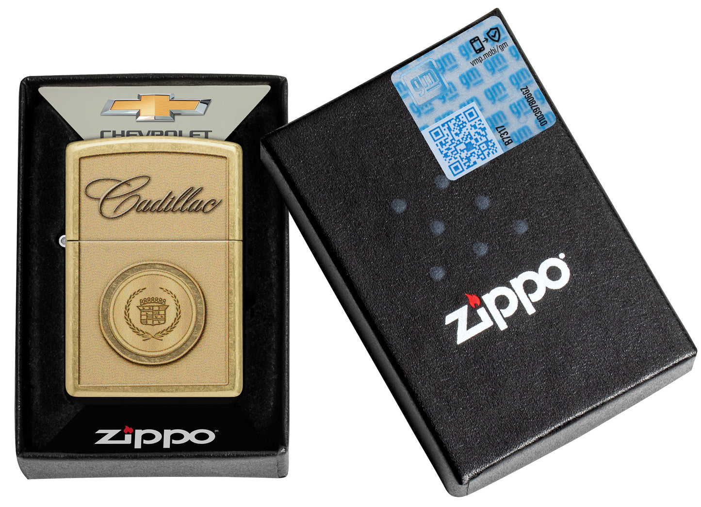 Zippo Cadillac Crest Design Street Brass Windproof Lighter in its packaging.