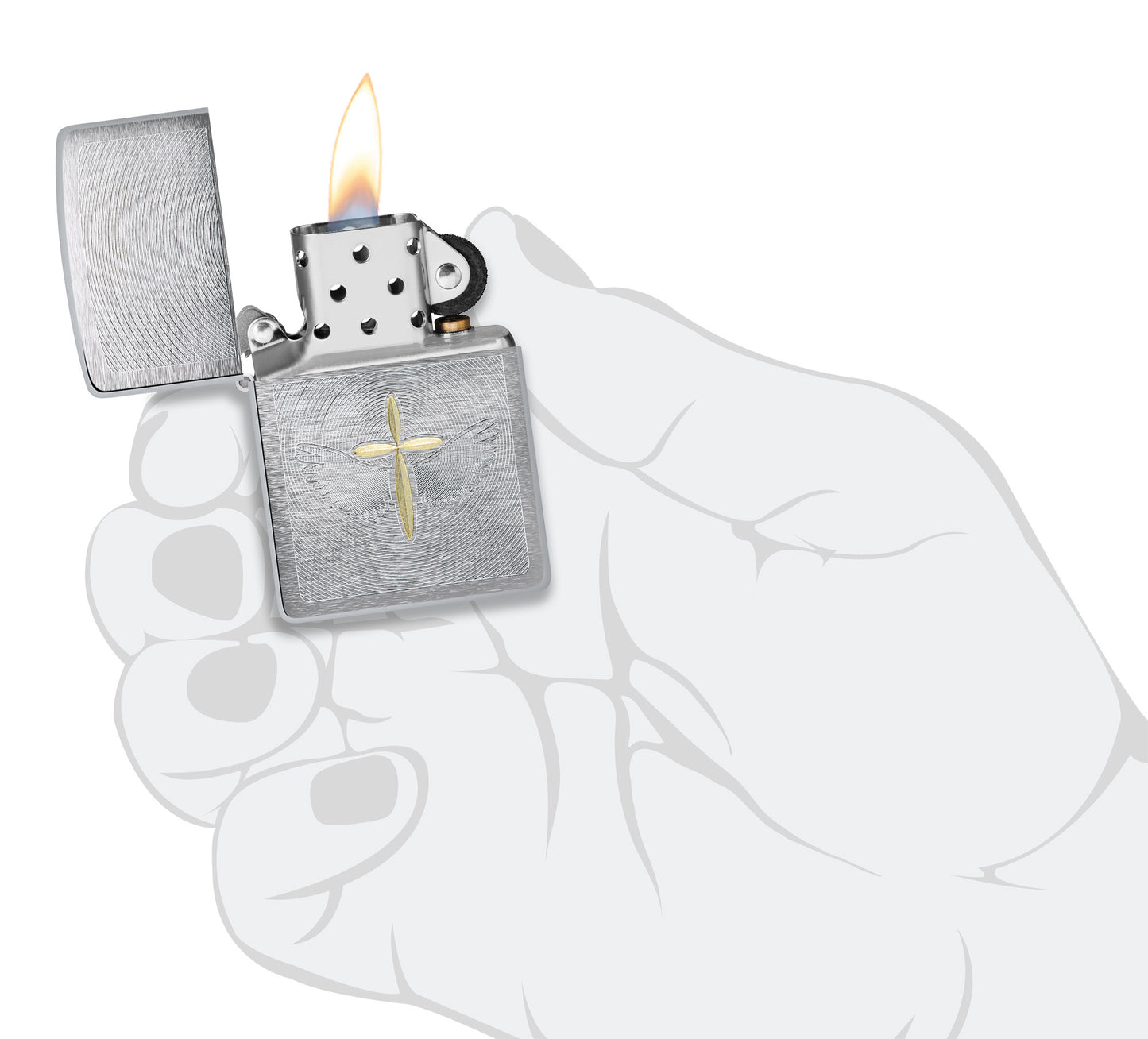 Zippo Angel Aura Design Brushed Chrome Windproof Lighter lit in hand.