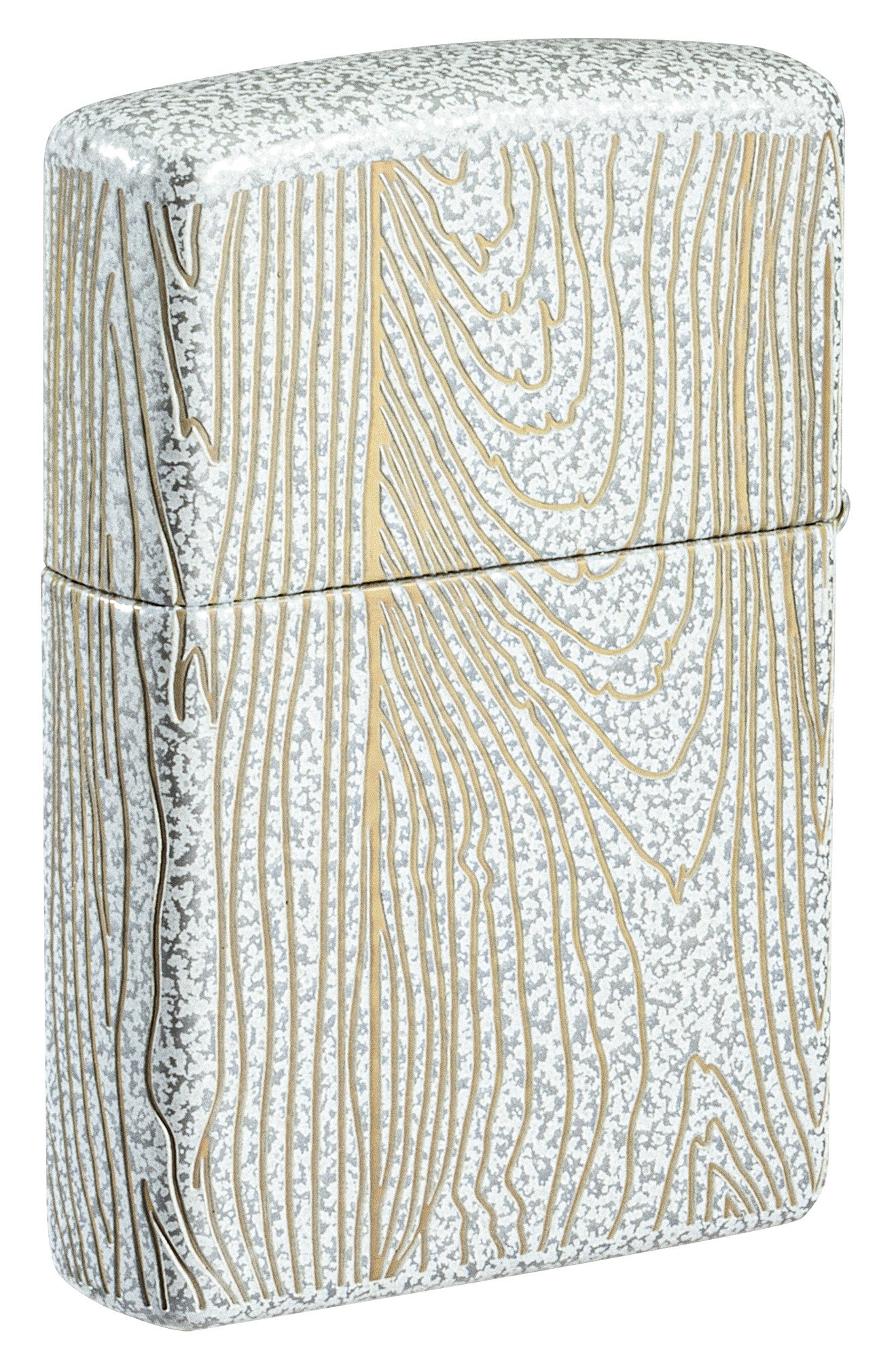 Back shot of Zippo Tree of Life Woodgrain Design Glacier Windproof Lighter standing at a 3/4 angle.