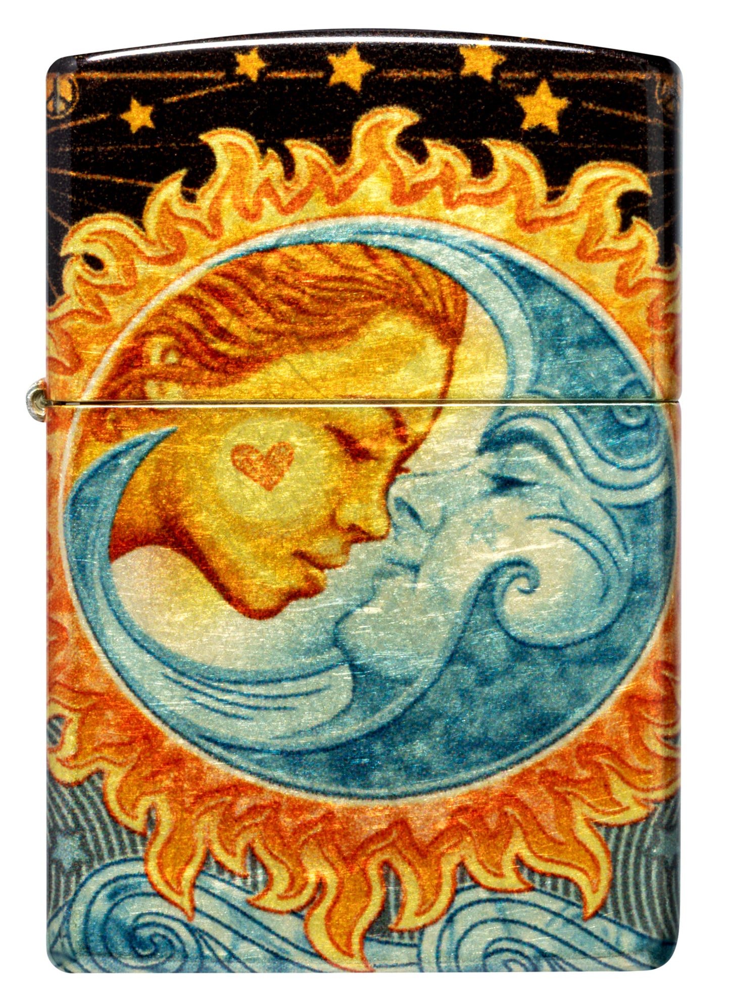 Front view of Zippo Star-Crossed Lovers Design 540 Tumbled Brass Windproof Lighter.