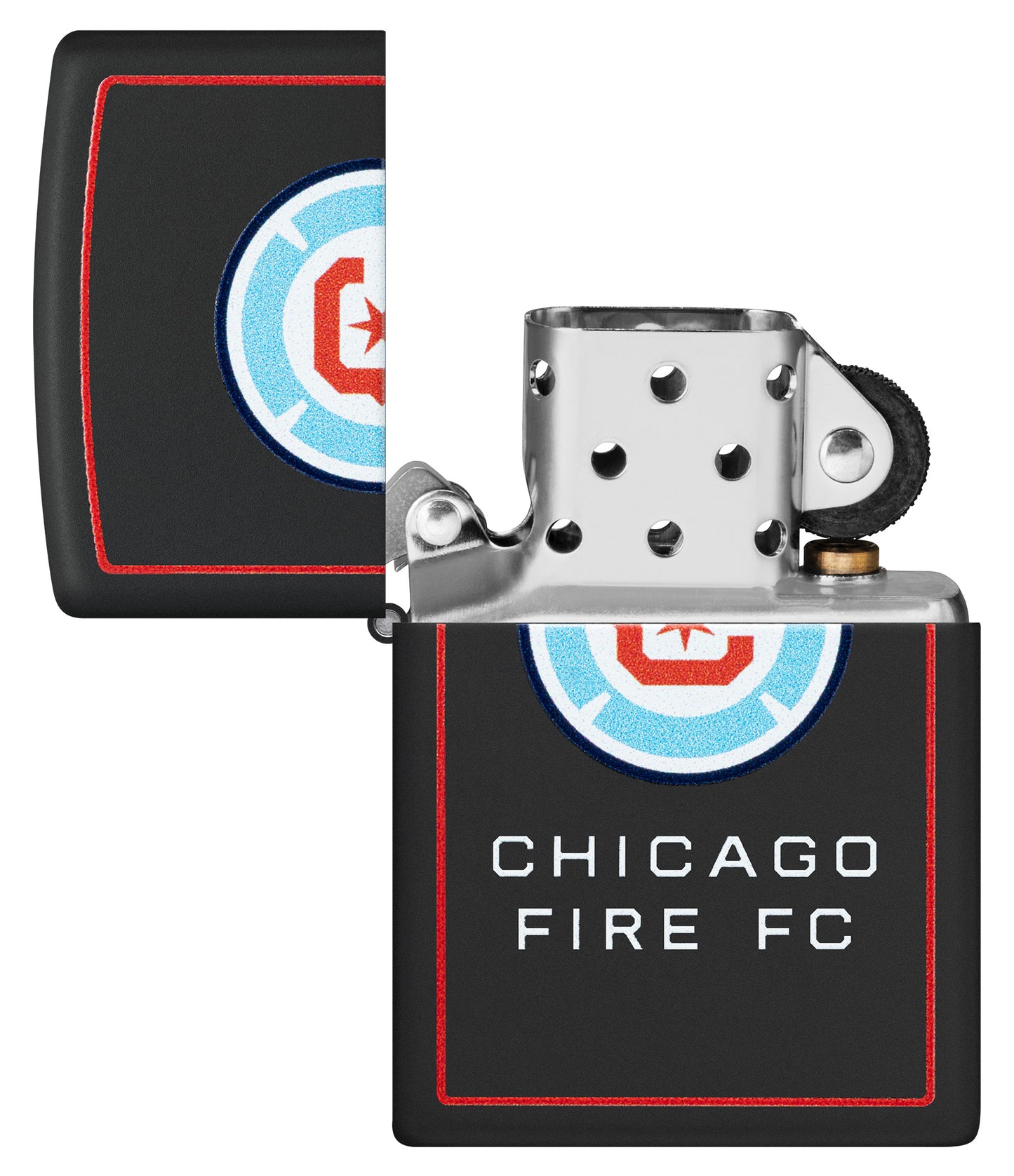 Zippo Chicago Fire FC Windproof Lighter with its lid open and unlit.