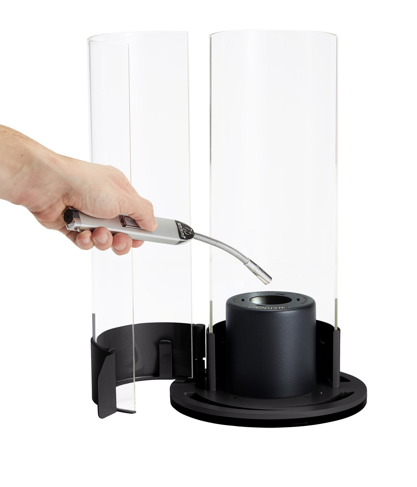 Back view of Zippo FlameScapes® Spiral Fire Feature with hinged door open being lit