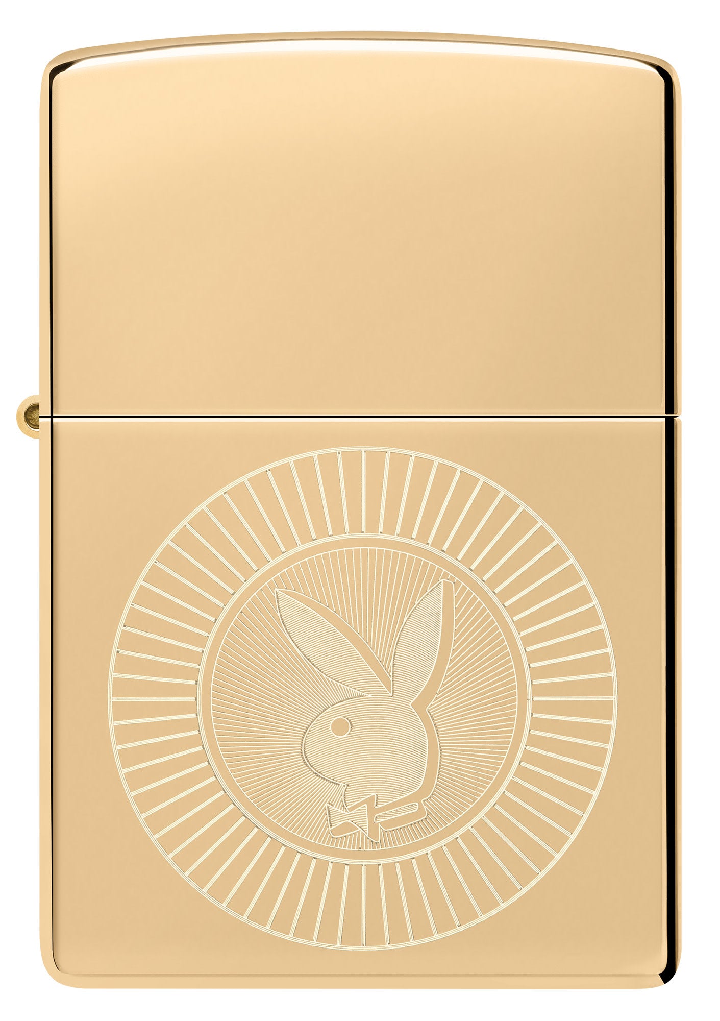 Front view of Zippo Playboy Rabbit Head Design High Polish Brass Windproof Lighter.