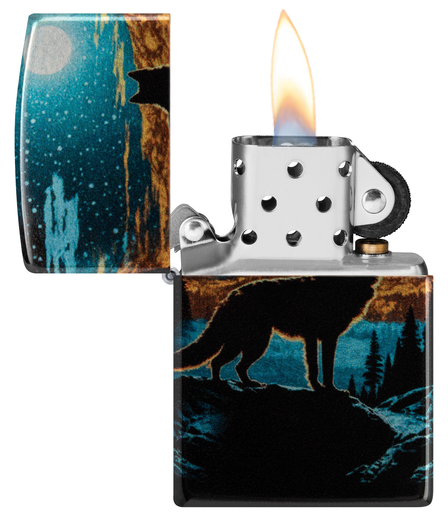 Zippo Moonlight Wolf Design 540 Tumbled Chrome Windproof Lighter with its lid open and lit.
