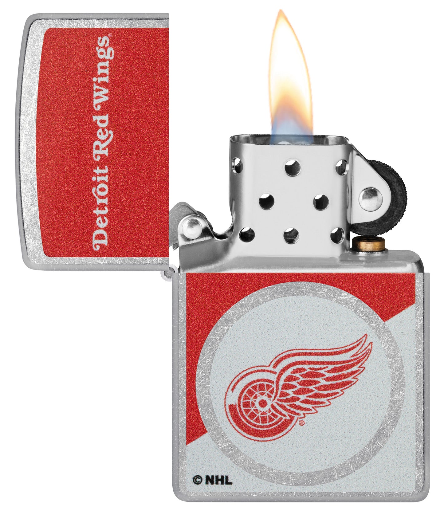 Zippo NHL® Detroit Red Wings® 2024 Street Chrome™ Windproof Lighter with its lid open and unlit.