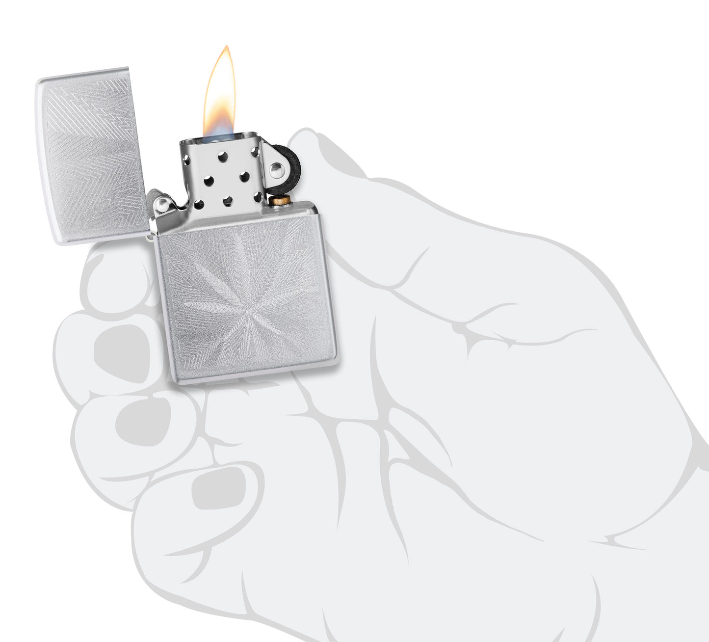 Zippo Luxury Leaf Design Satin Chrome Windproof Lighter lit in hand.