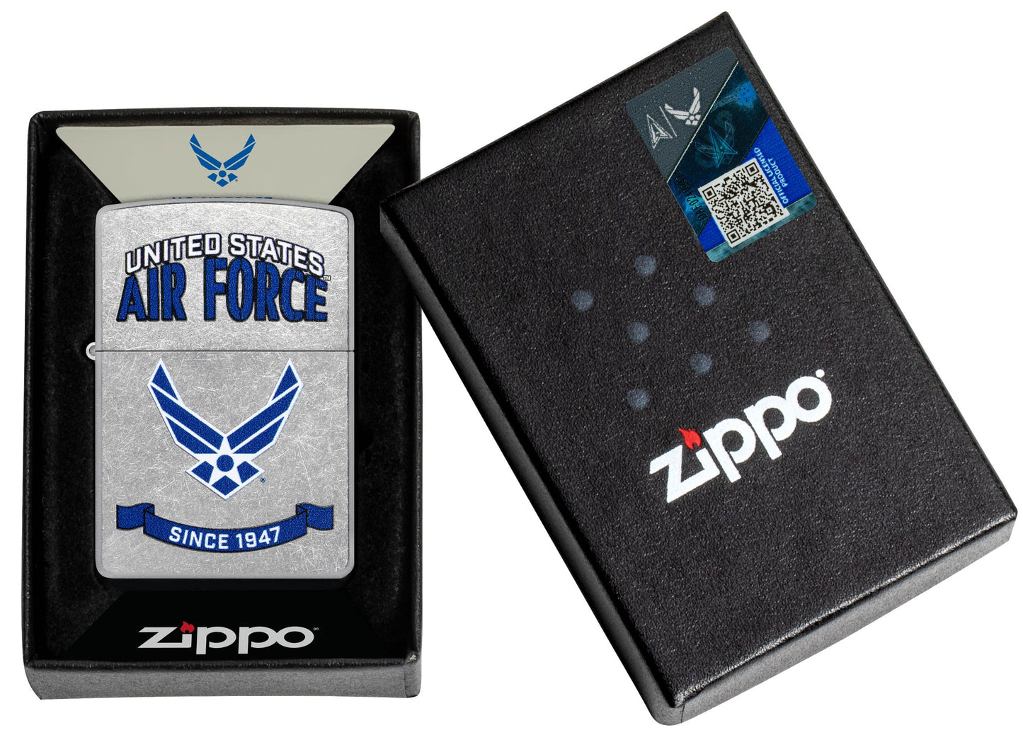 Zippo U.S. Air Force™ Banner Design Street Chrome Windproof Lighter in its packaging.