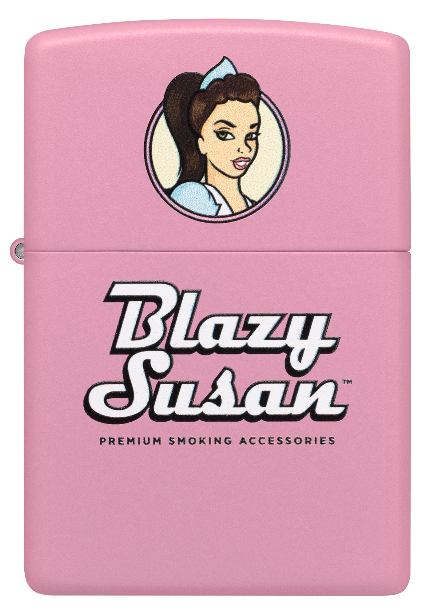 Front view of Zippo Blazy Susan™ Pink Logo Design Pink Matte Windproof Lighter.
