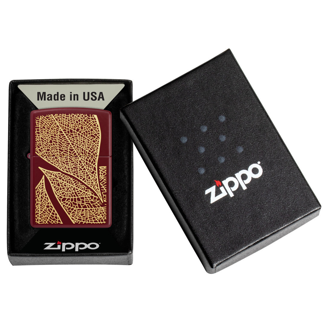 Zippo Fall Leaves SMS Merlot Windproof Pocket Lighter in packaging.