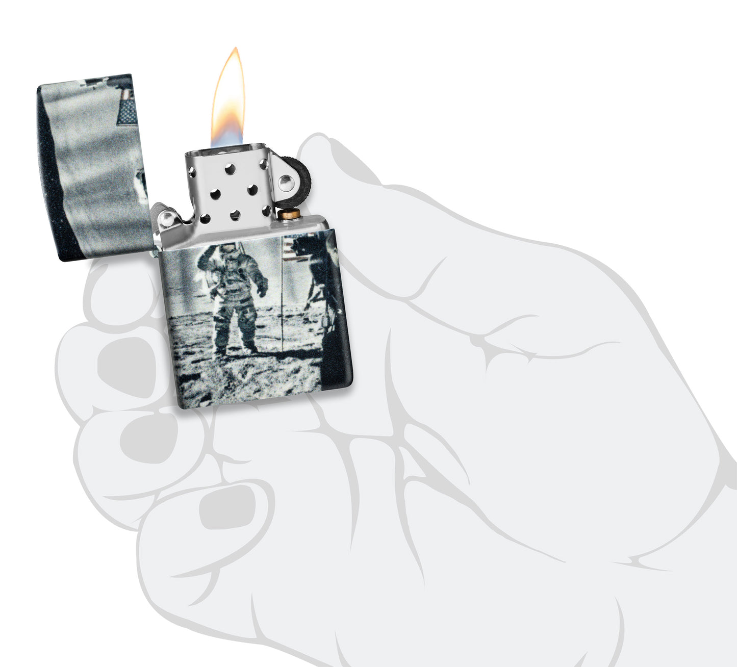 Zippo Astro-not Design 540 Matte Windproof Lighter lit in hand.