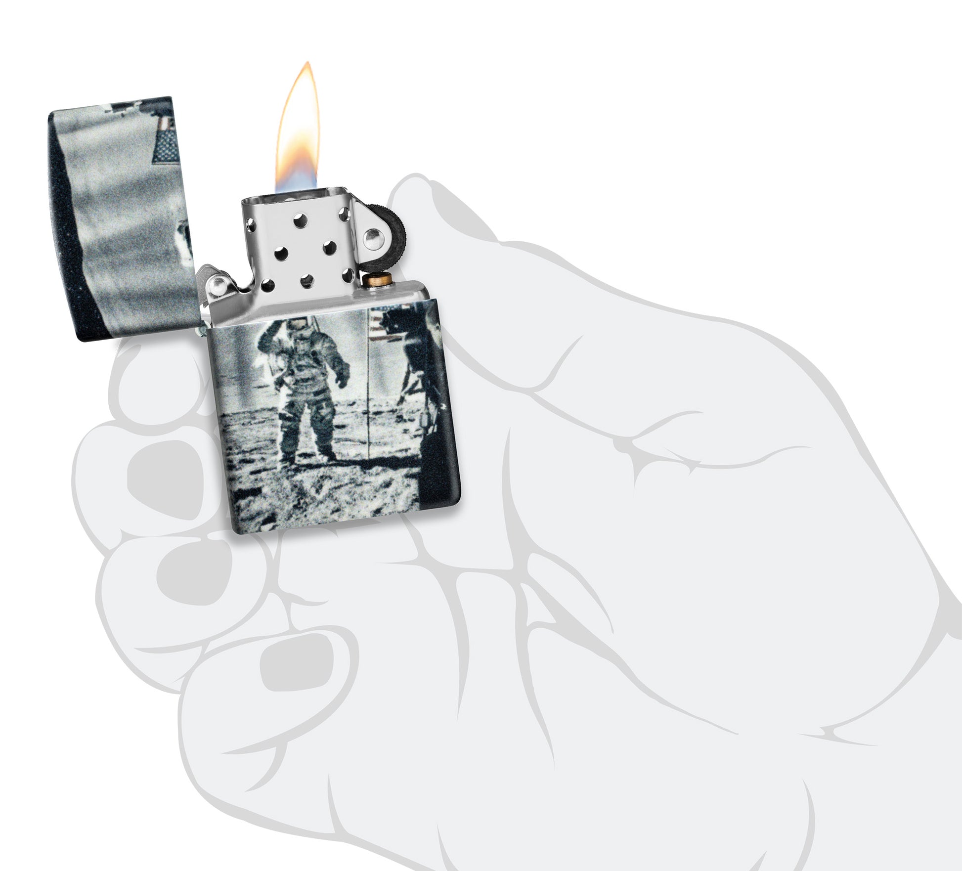 Zippo Astro-not Design 540 Matte Windproof Lighter lit in hand.
