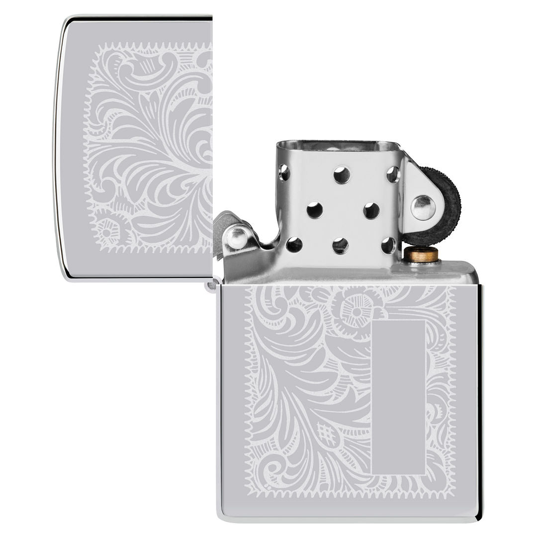 Zippo High Polish Chrome Venetian® Windproof Lighter with its lid open and unlit.