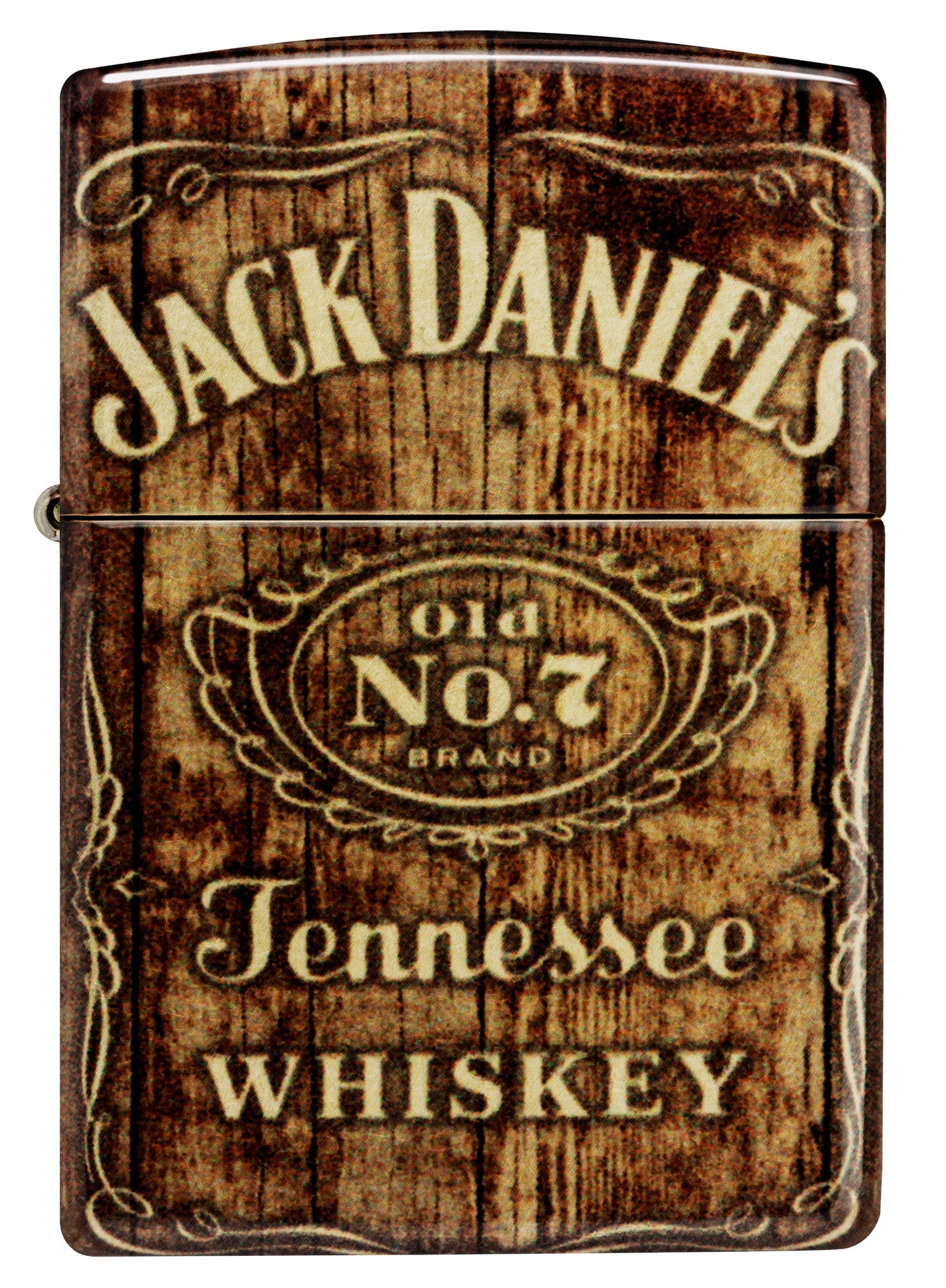 Front view of Zippo Jack Daniel's® Barrel Design 540 Tumbled Brass Windproof Lighter.