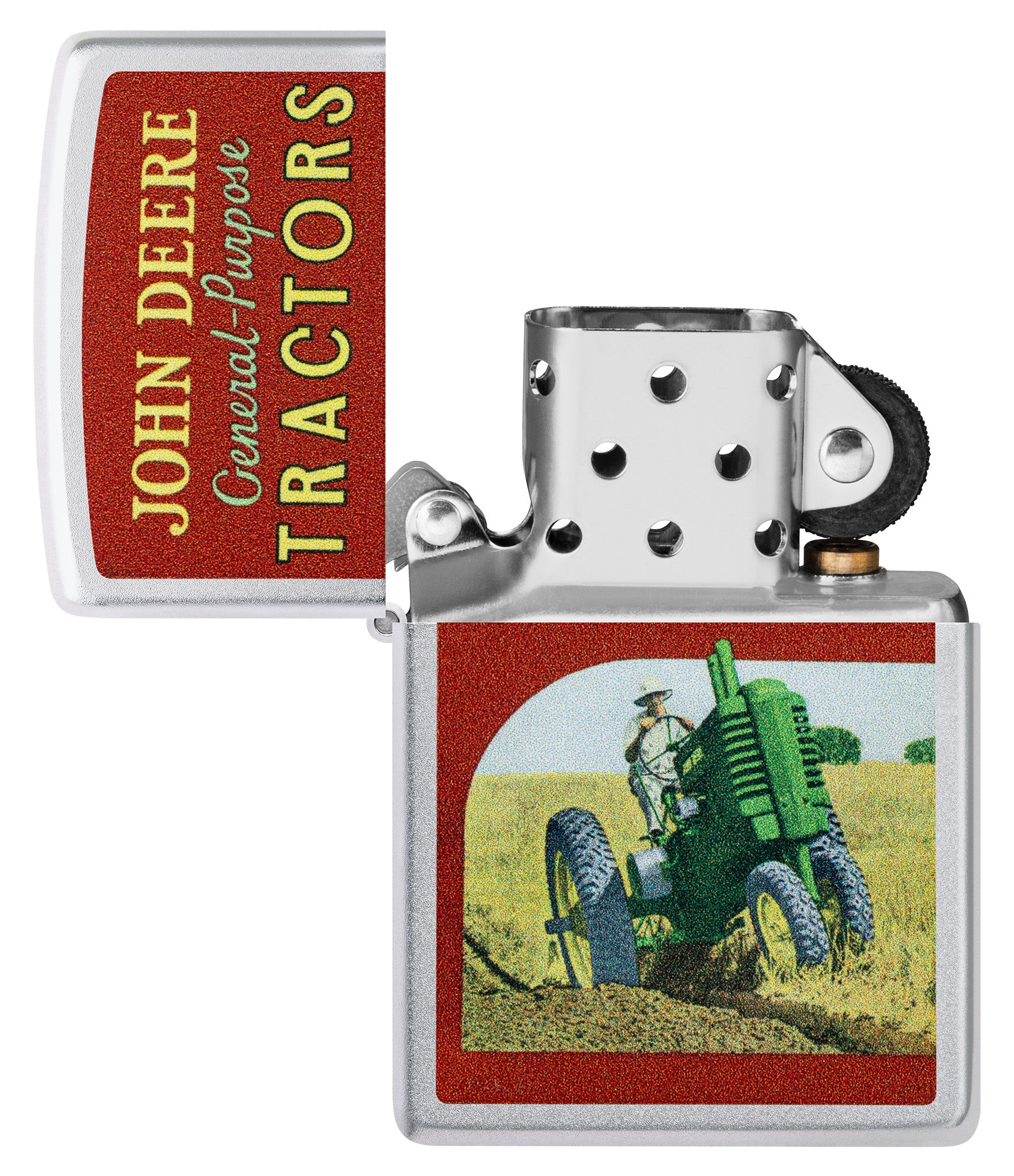 Zippo John Deere Vintage Ad Design Satin Chrome Windproof Lighter with its lid open and unlit.
