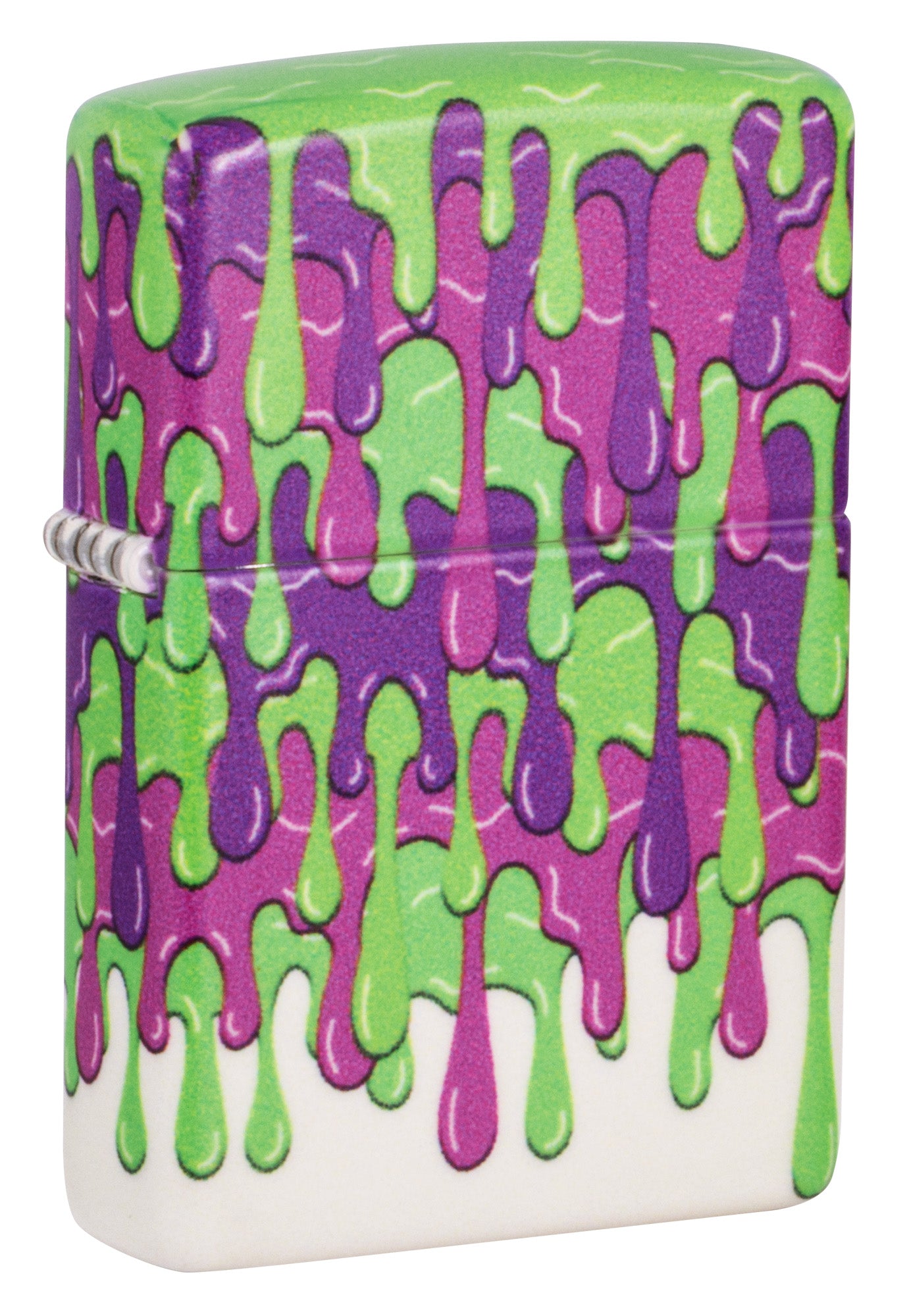 Front shot of Zippo Glowing Slime Design Glow in the Dark Windproof Lighter standing at a 3/4 angle.