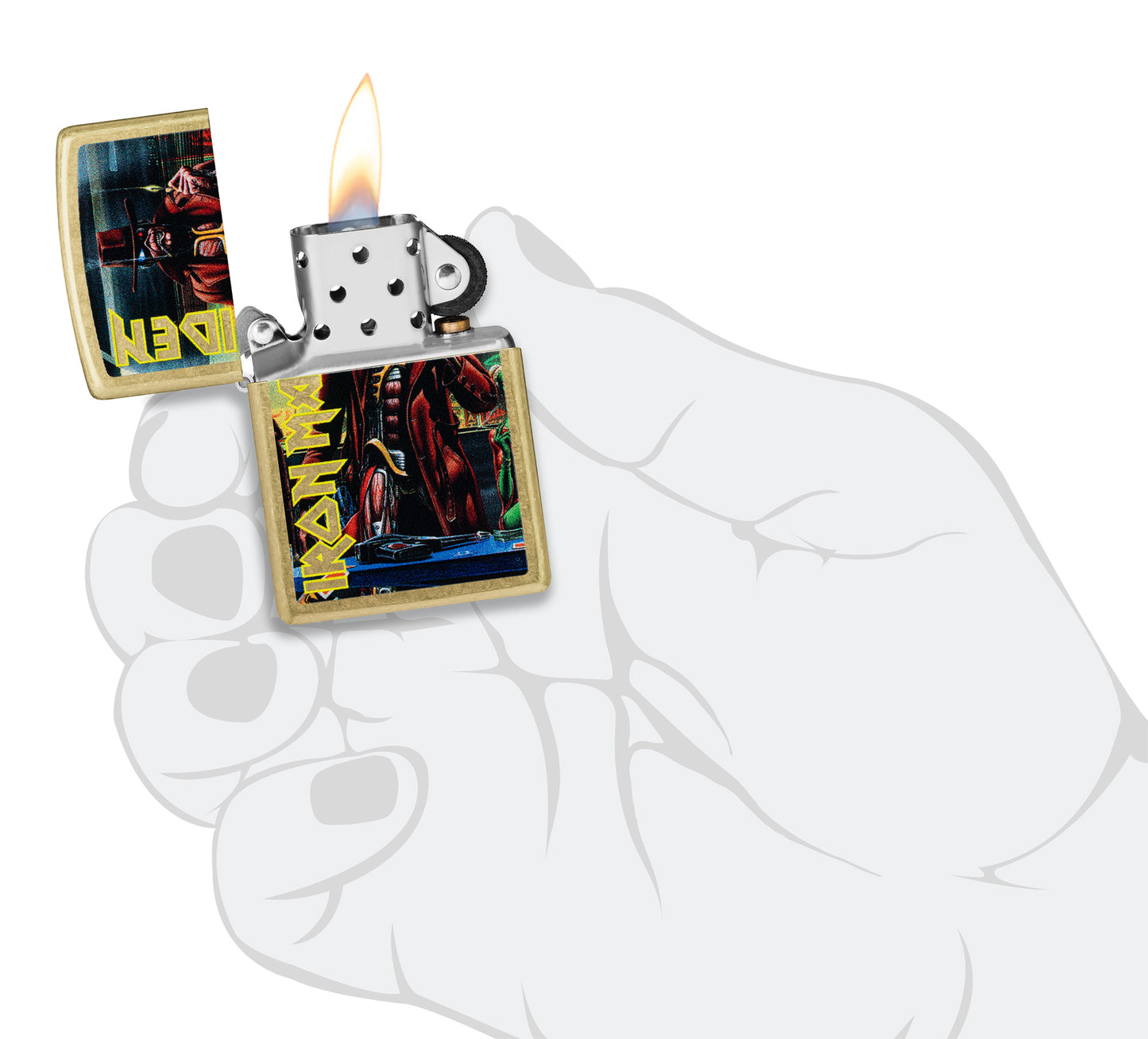 Zippo Iron Maiden Stranger in a Strange Land Street Brass Windproof Lighter lit in hand.
