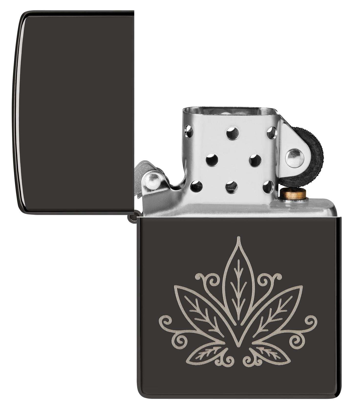 Zippo Cannabis Design High Polish Black Windproof Lighter with its lid open and unlit.