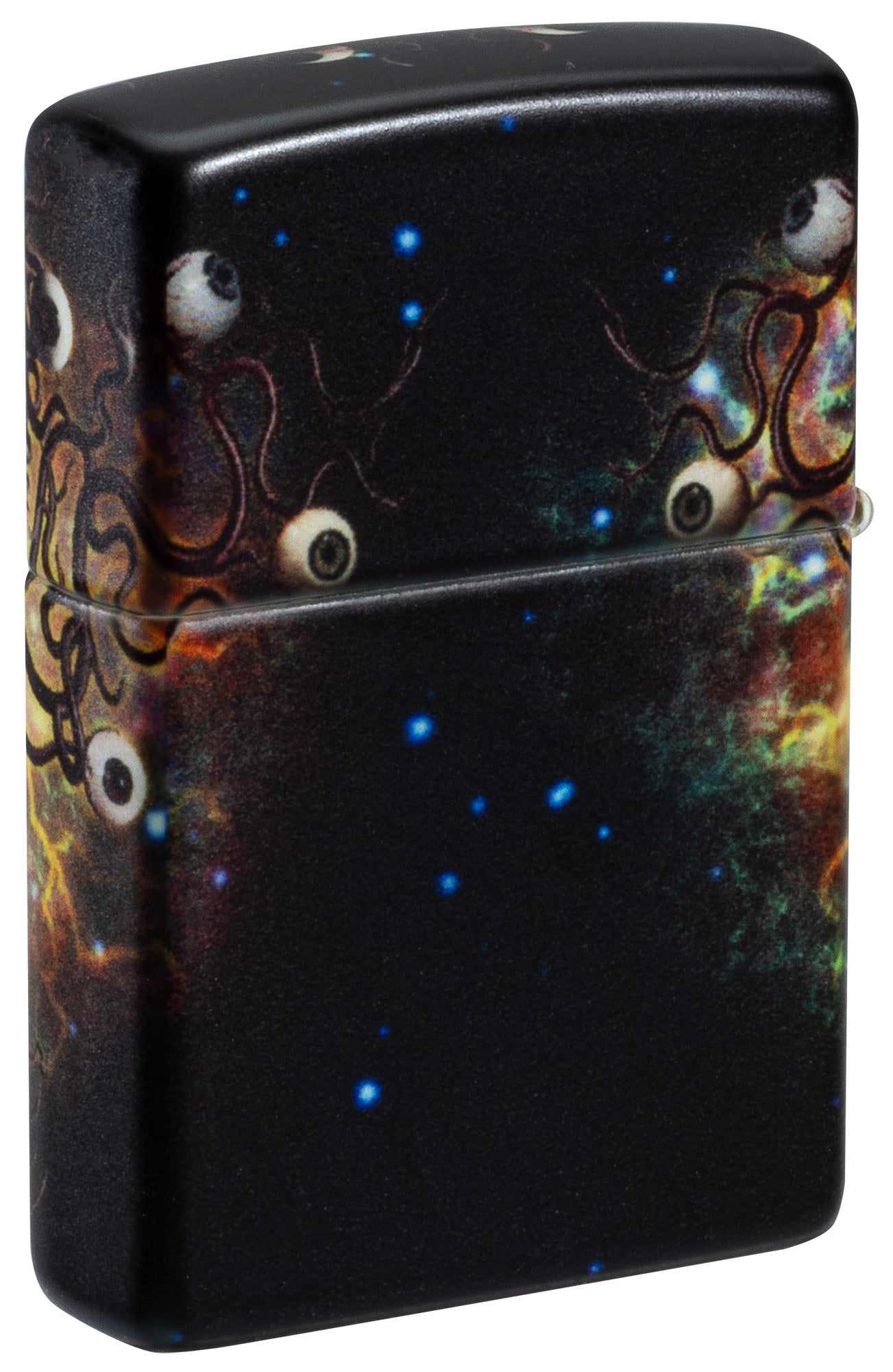 Back shot of Zippo Evil Eye Design 540 Glow in the Dark Windproof Lighter standing at a 3/4 angle.