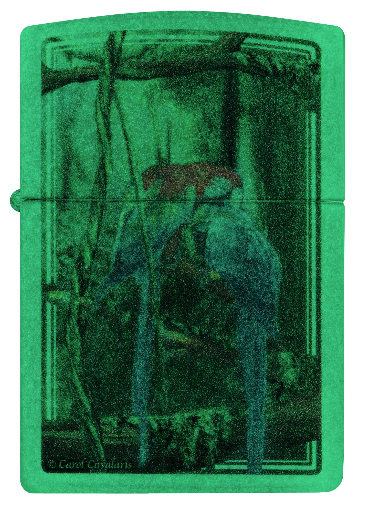Front view of Zippo Carol Cavalaris Glow in the Dark Windproof Lighter glowing in the dark.