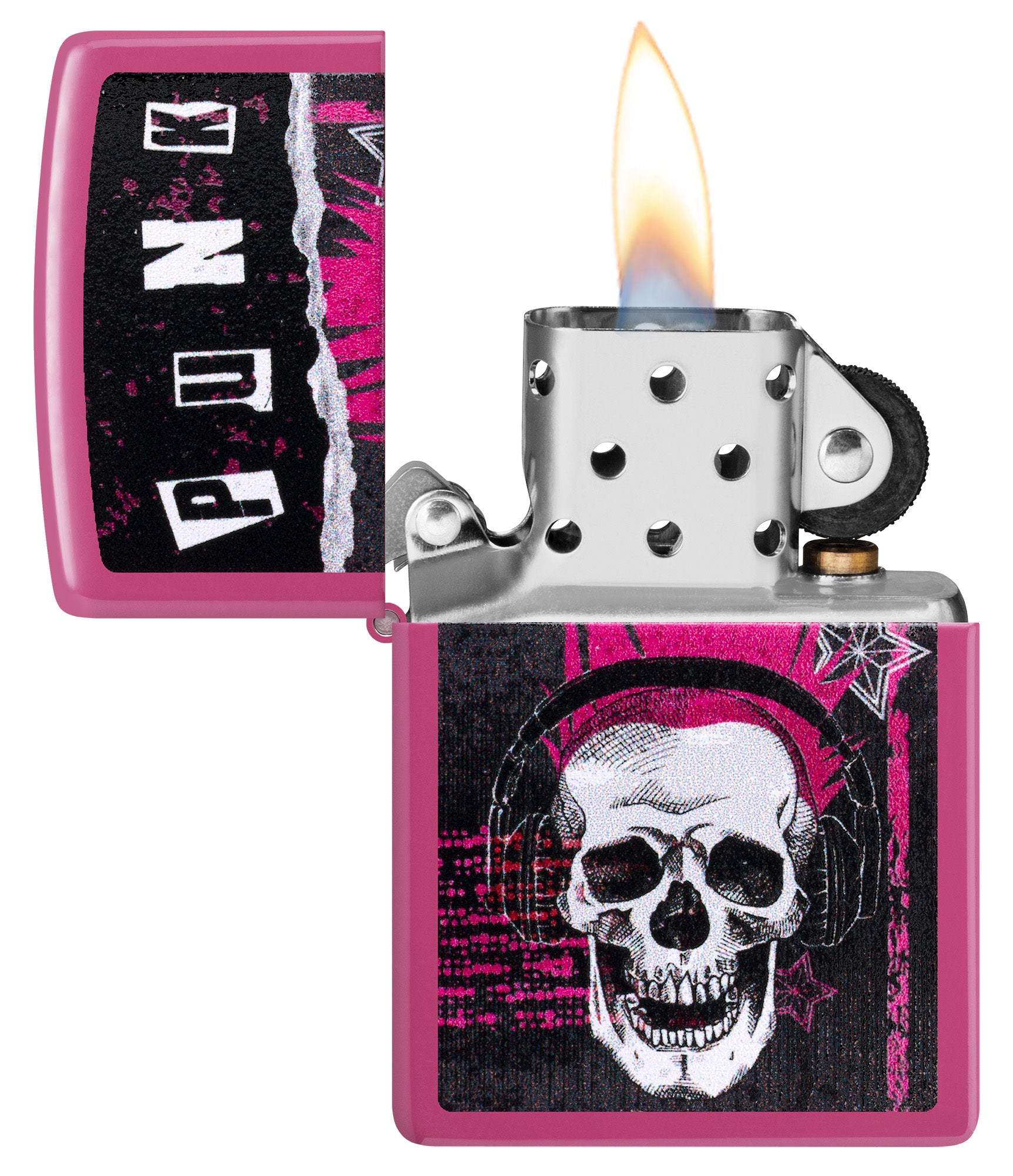Zippo Punk Skull Design Frequency Windproof Lighter with its lid open and lit.