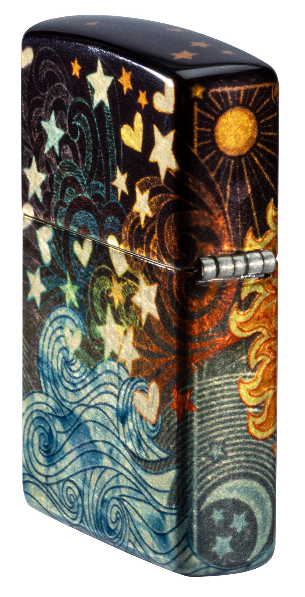 Angled shot of Zippo Star-Crossed Lovers Design 540 Tumbled Brass Windproof Lighter showing the back and hinge sides of the lighter.
