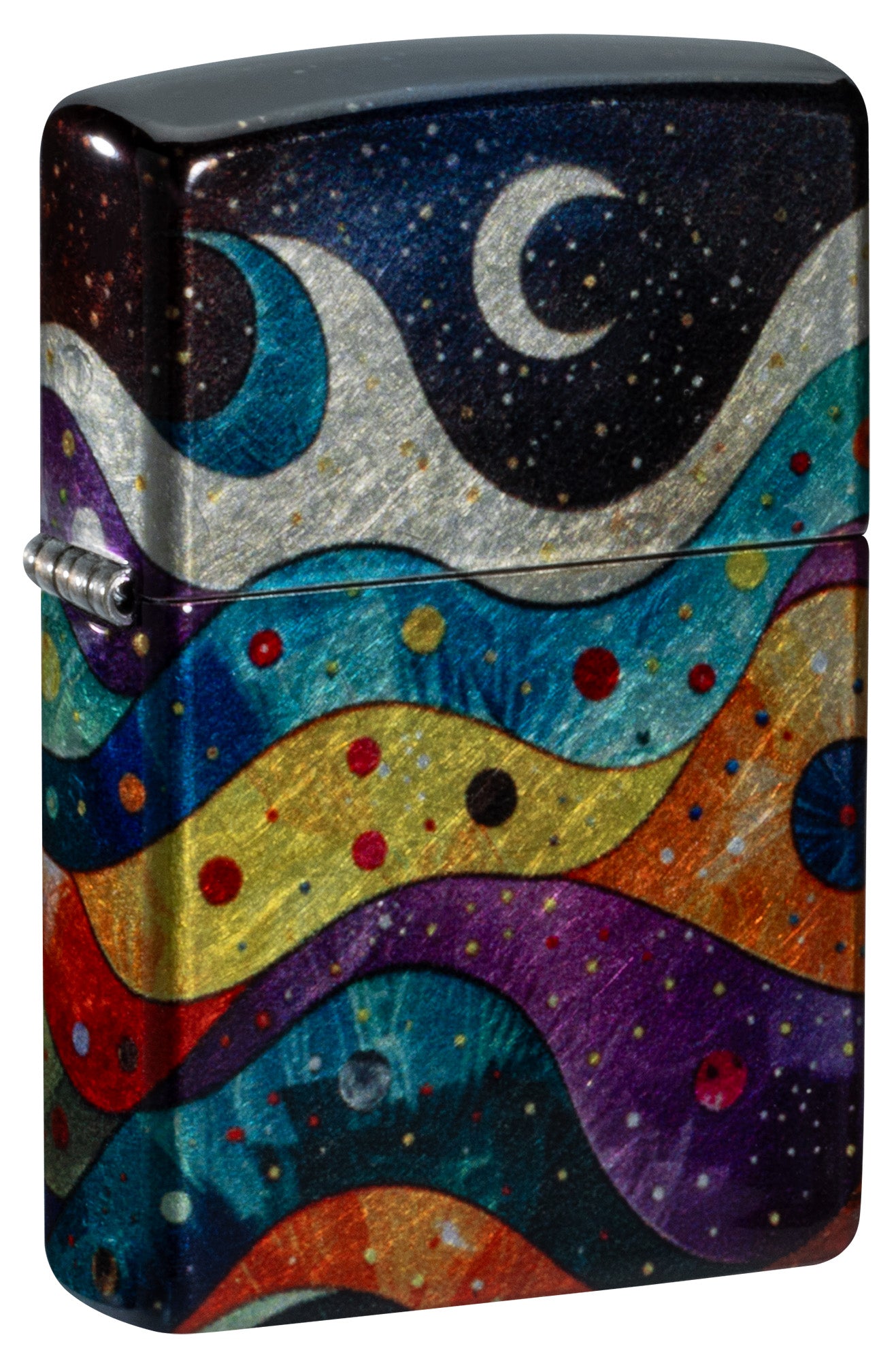 Front shot of Zippo Space Fusion Design 540 Tumbled Chrome Windproof Lighter standing at a 3/4 angle.