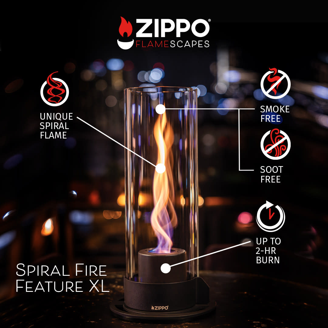 Lifestyle image of Zippo FlameScapesâ„¢ Spiral Fire Feature XL in black with product feature callouts