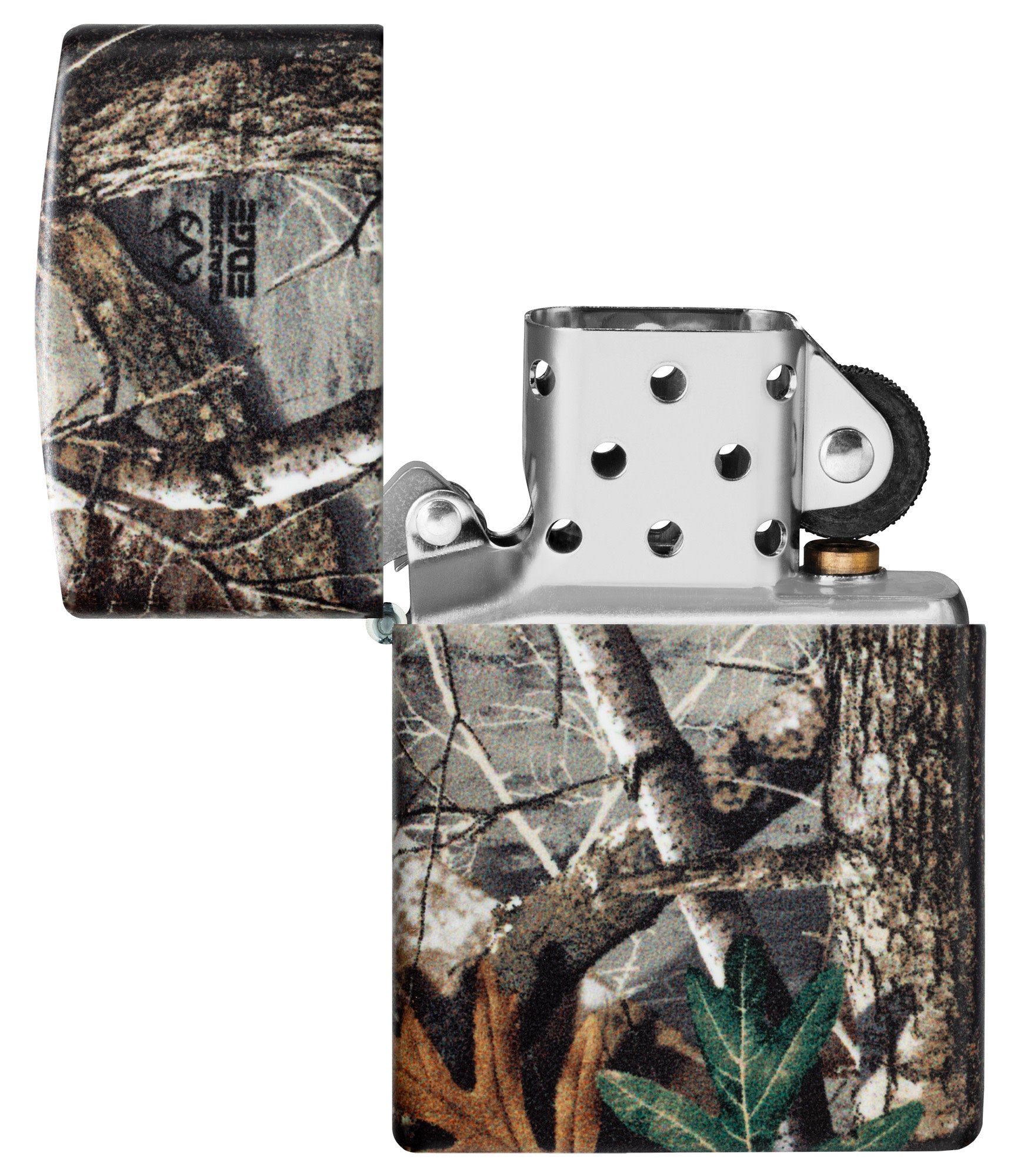 Zippo Realtree® EDGE™ Camo Design 540 Matte Windproof Lighter with its lid open and unlit.