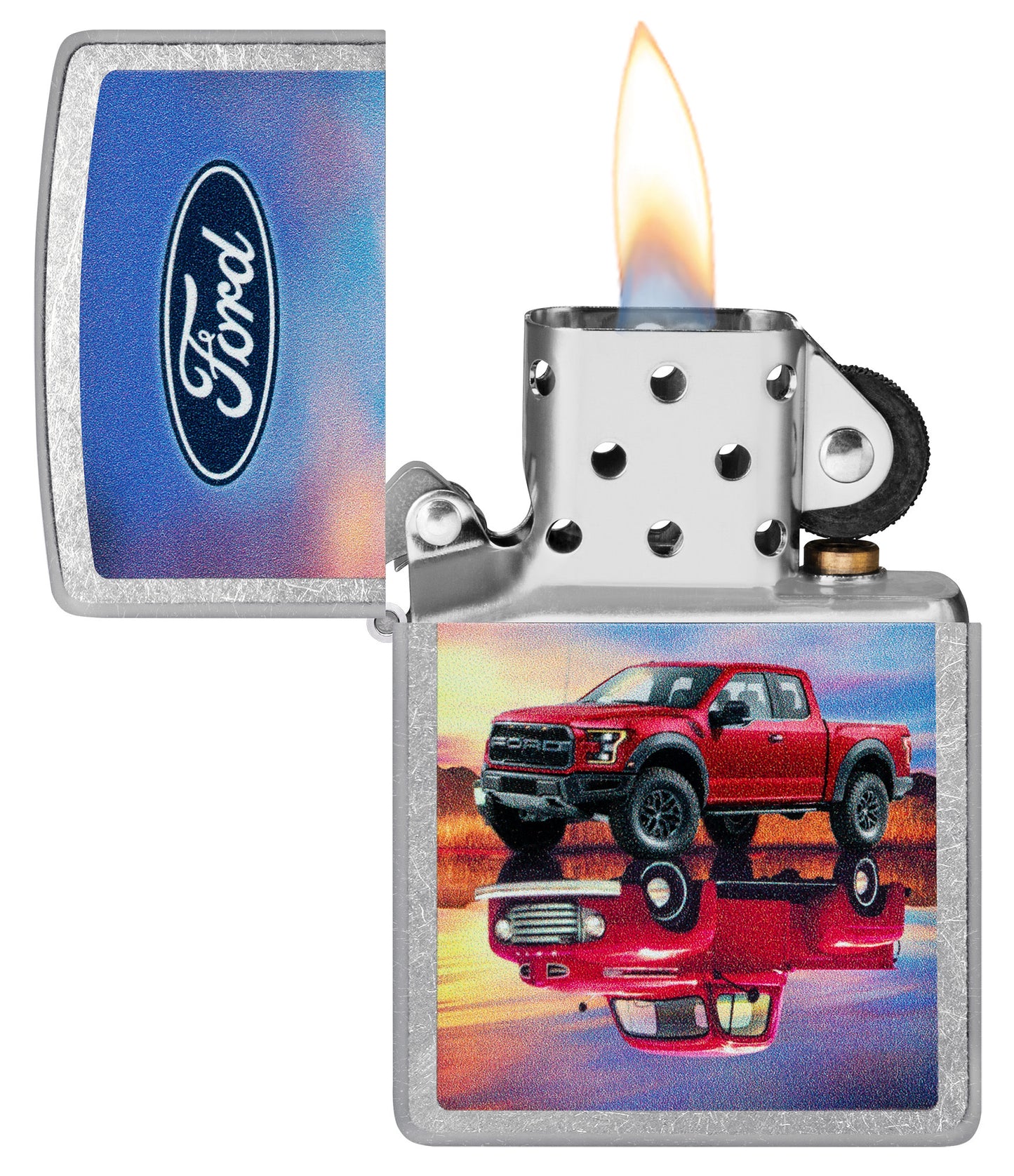Zippo Ford F-Series Design Street Chrome Windproof Lighter with its lid open and lit.