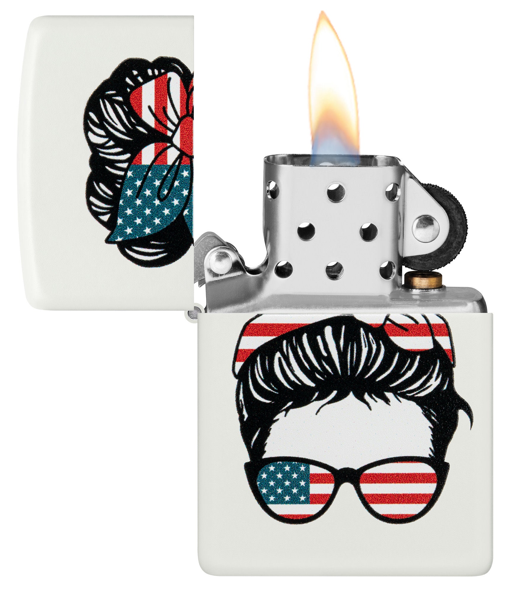Zippo American Woman Design White Matte Windproof Lighter with its lid open and lit.