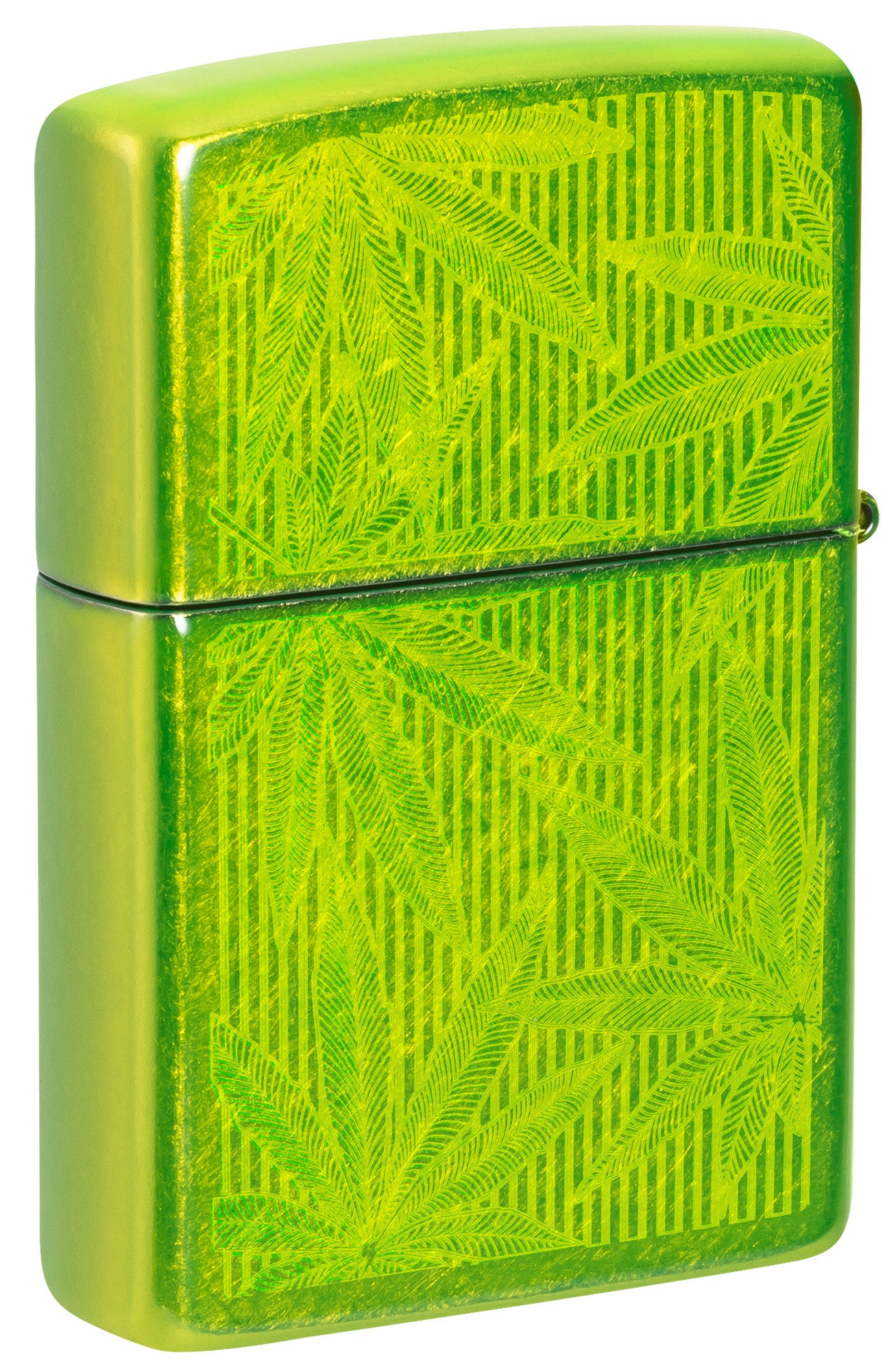 Back shot of Zippo Iced Cannabis Design Lurid Windproof Lighter standing at a 3/4 angle.