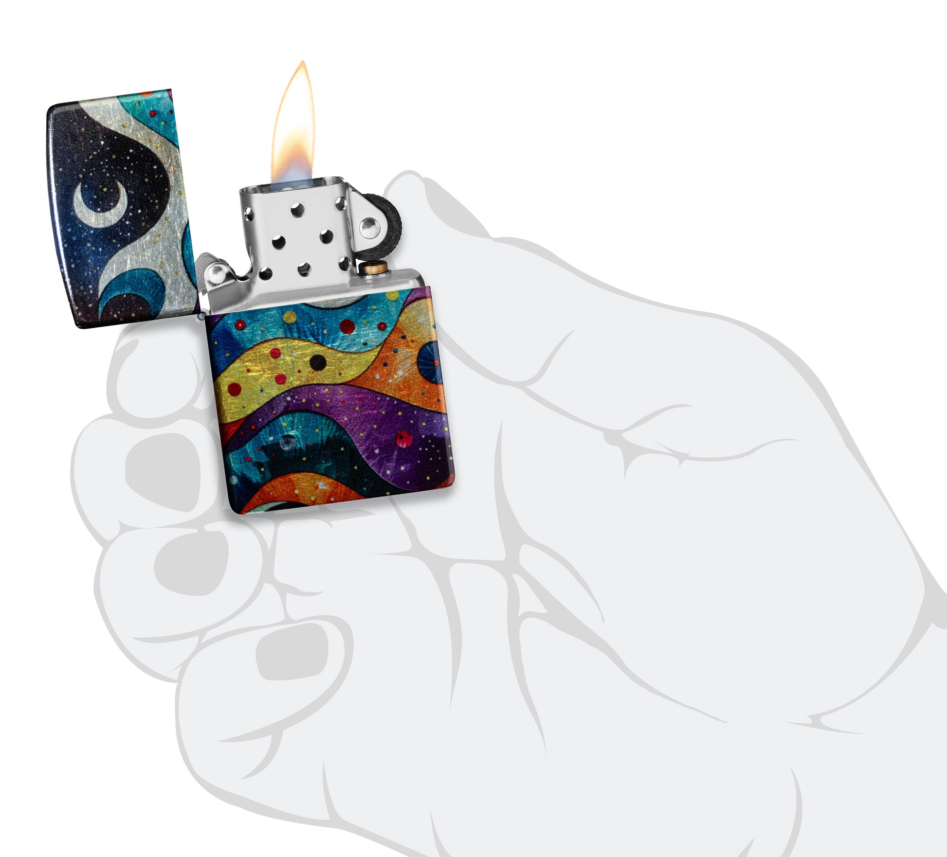 Zippo Space Fusion Design 540 Tumbled Chrome Windproof Lighter lit in hand.
